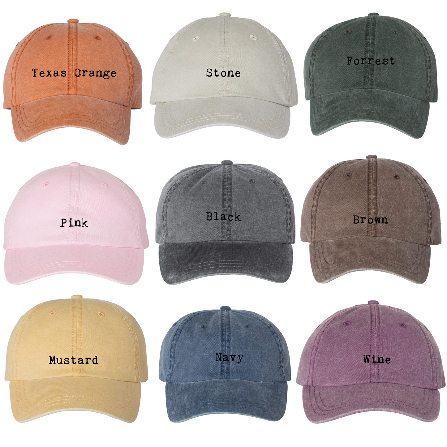 Baseball cap color options: Texas Orange, Stone, Forrest green, Pink, Black, Brown, Mustard, Navy, Wine.