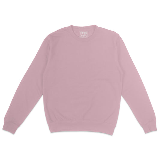 Pink unisex crewneck sweatshirt displayed flat on a light background with long sleeves and ribbed cuffs and hem.