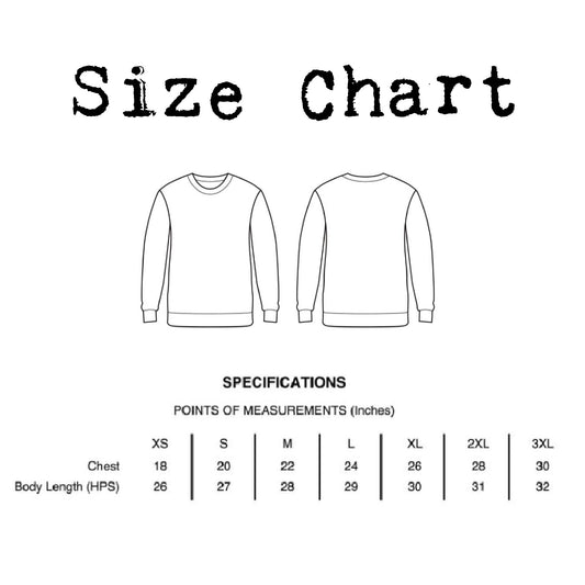 Size chart for unisex crewneck sweatshirt showing chest width and body length measurements in inches: XS chest 18, length 26; S chest 20, length 27; M chest 22, length 28; L chest 24, length 29; XL chest 26, length 30; 2XL chest 28, length 31; 3XL chest 30, length 32.