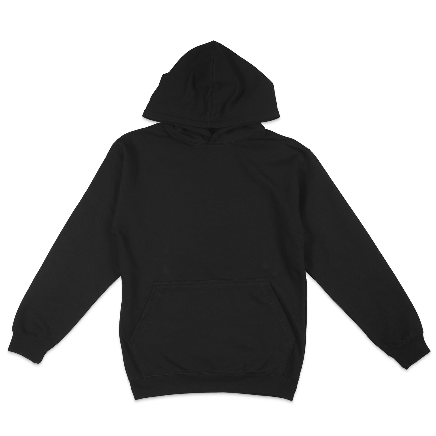 Black pullover hoodie displayed flat on a light background, featuring a hood, long sleeves, and a front kangaroo pocket.