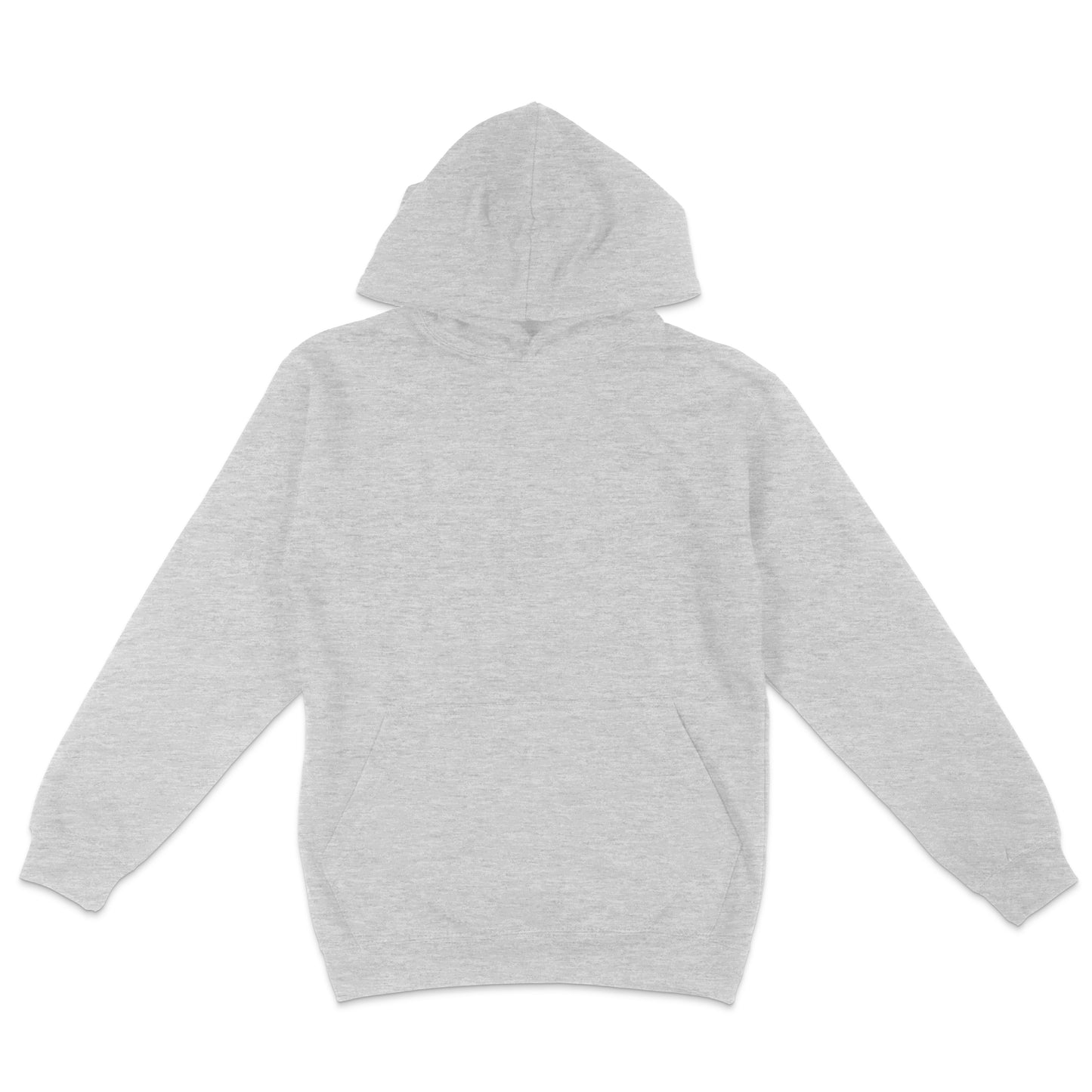 Light grey pullover hoodie displayed flat on a light background, featuring a hood, long sleeves, and a front kangaroo pocket.