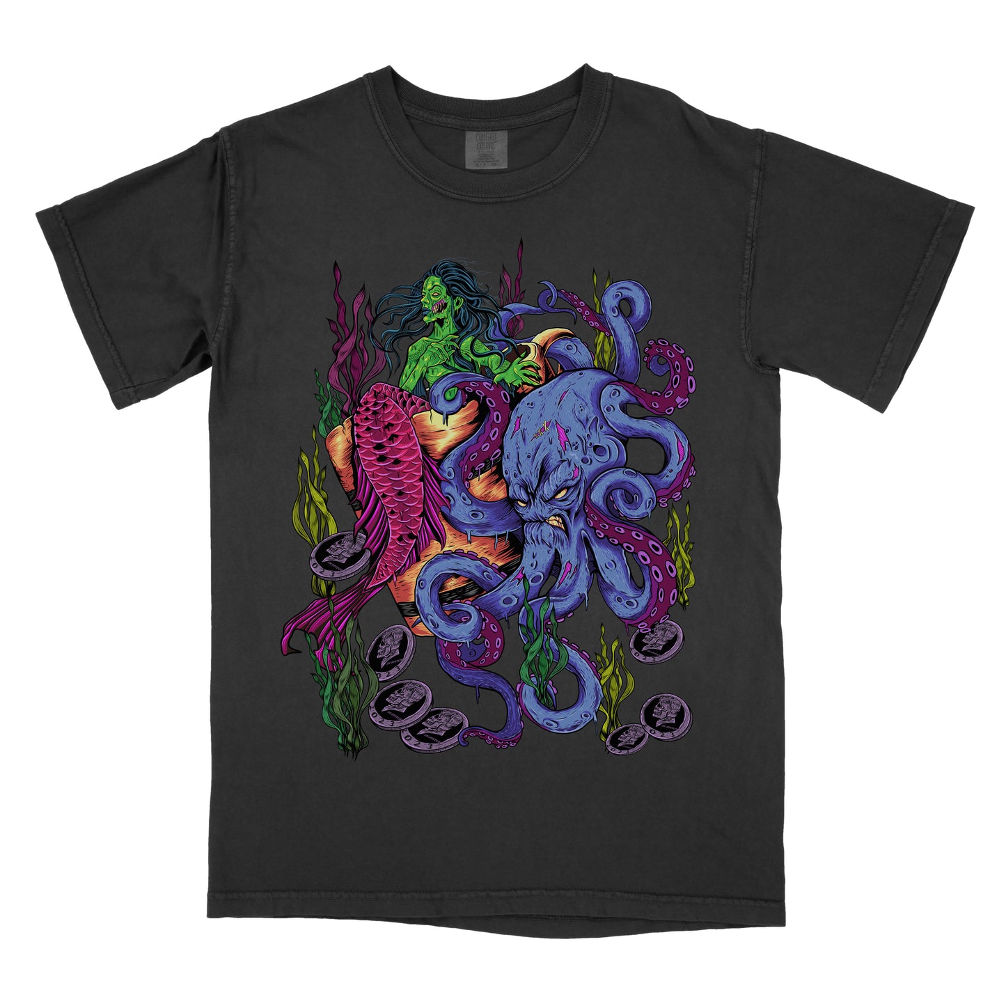 Black t-shirt featuring a colorful underwater illustration with an octopus, mermaid, and coral in a vibrant fantasy style.
