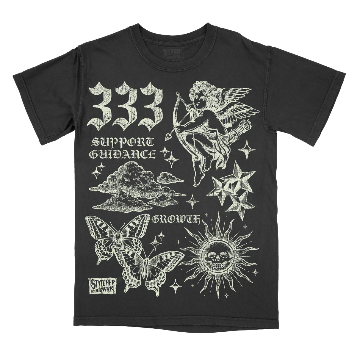 black T-shirt featuring a distressed 333 angel number design with a cherub, butterflies, clouds, stars, and a skull sun, with text reading “Support Guidance” and “Growth” and Stitched in the Dark branding.