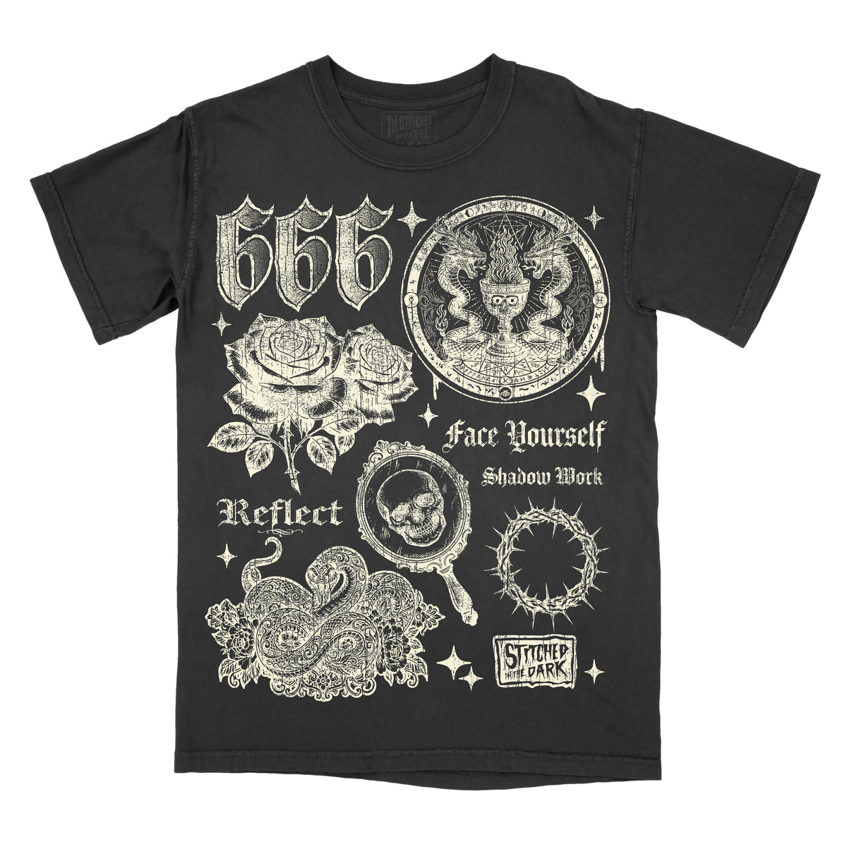 black T-shirt featuring a distressed 666 angel number design with roses, snakes, skulls, a thorn halo, and occult-inspired imagery, with text reading “Face Yourself,” “Shadow Work,” and “Reflect,” plus Stitched in the Dark branding.