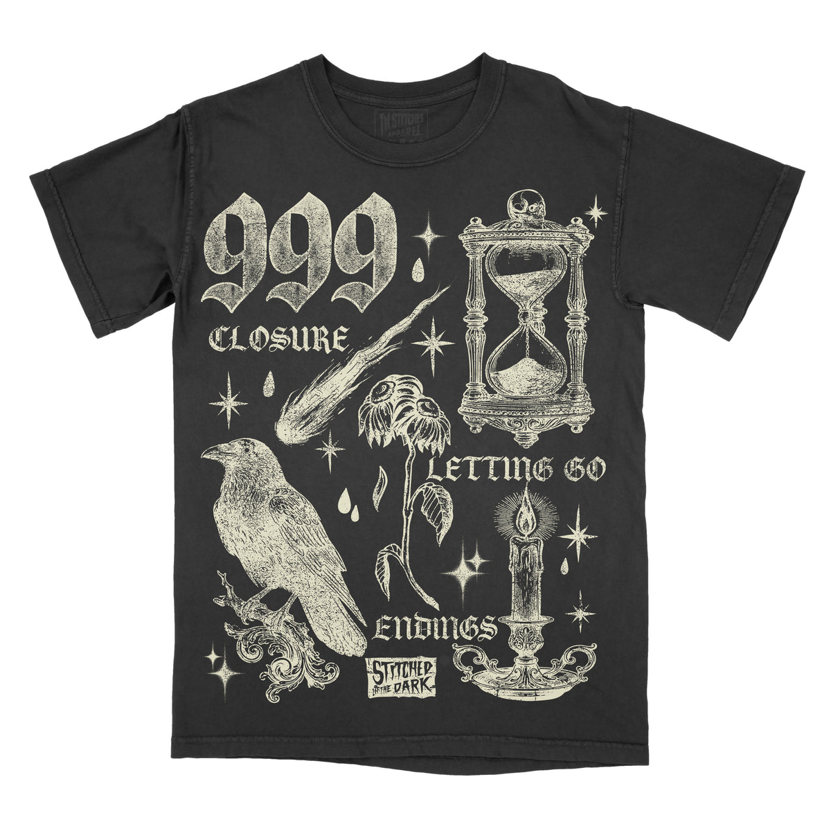black T-shirt featuring a distressed 999 angel number design with an hourglass, raven, wilted flower, candle, and celestial stars, with text reading “Closure,” “Letting Go,” and “Endings,” plus Stitched in the Dark branding.