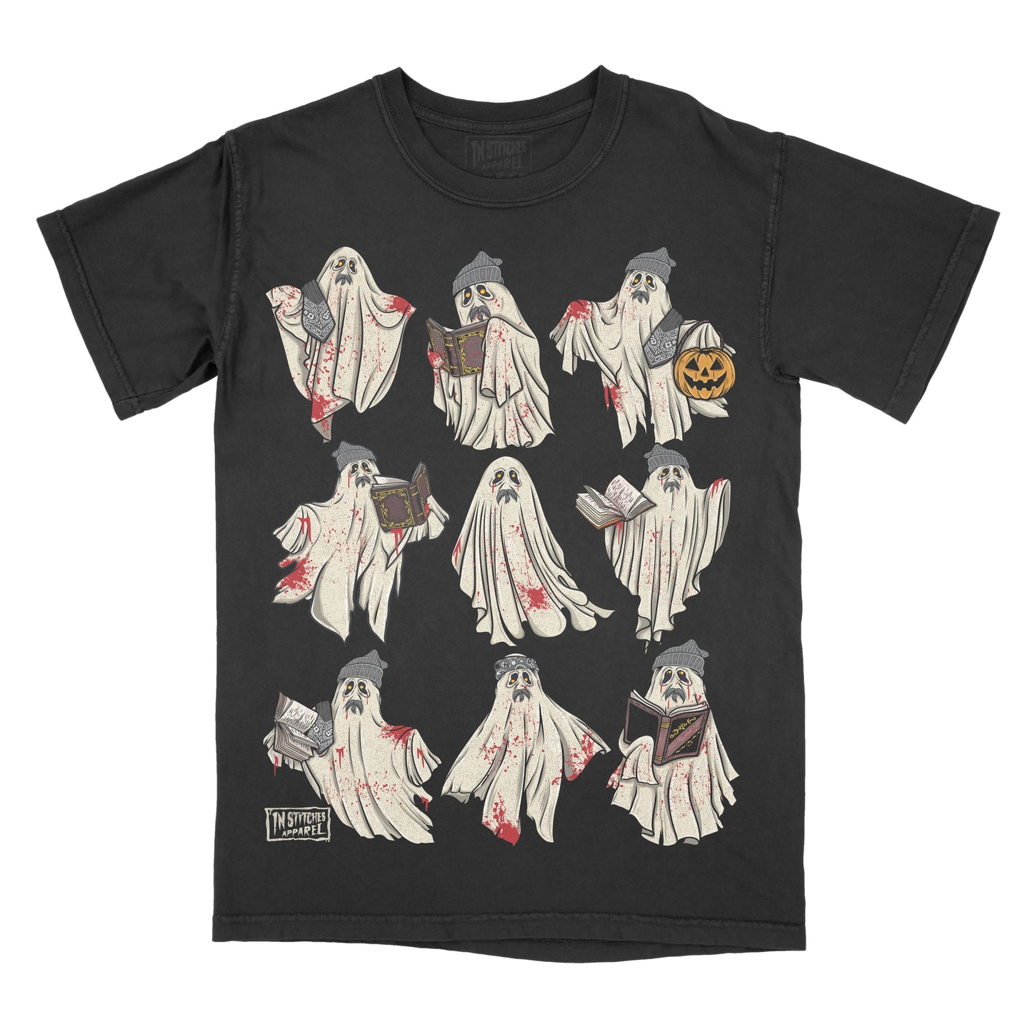 Black t-shirt with ghost illustrations on a white background