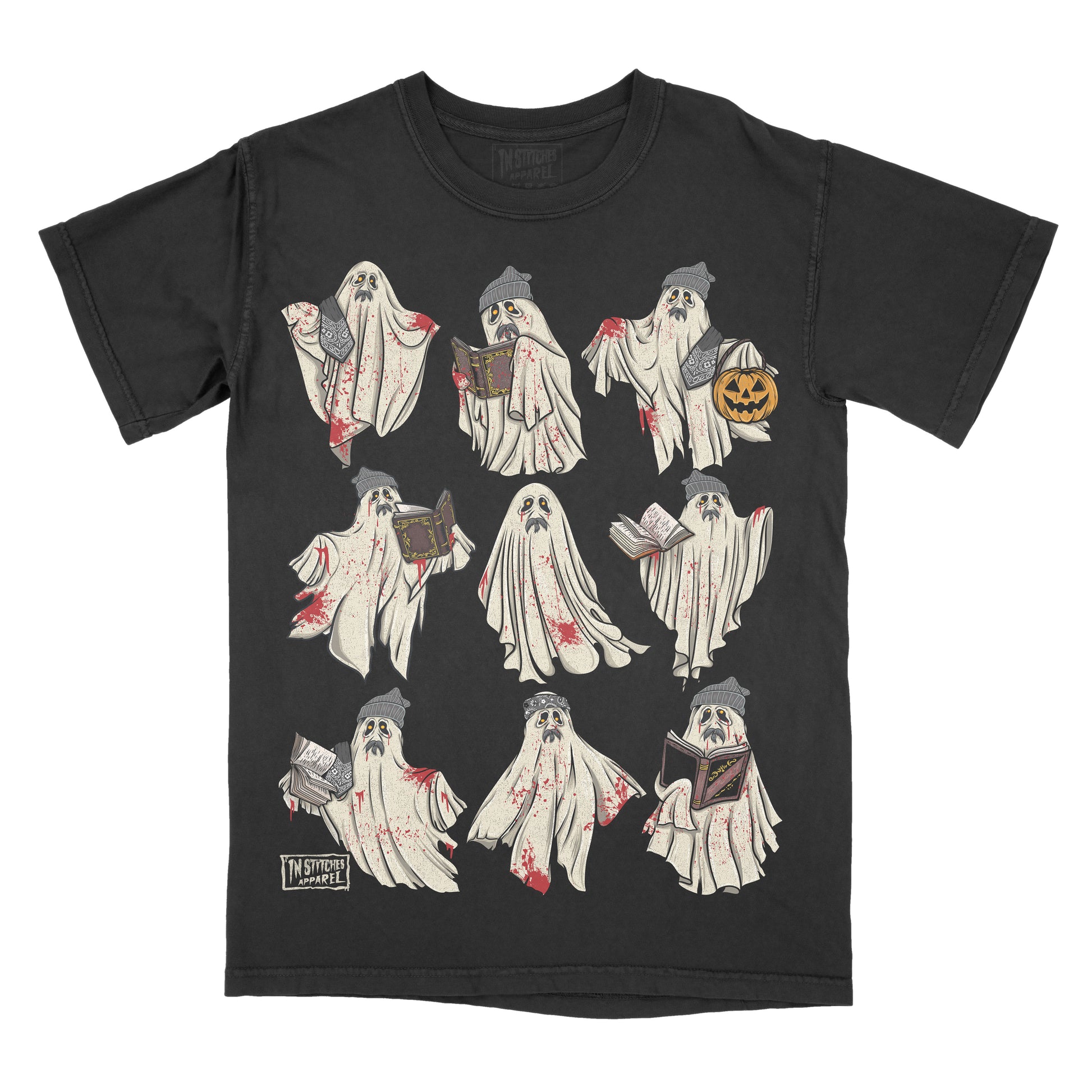 Black t-shirt with ghost illustrations on a white background