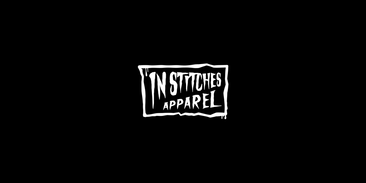 Black background with 'In Stitches Apparel' logo in white