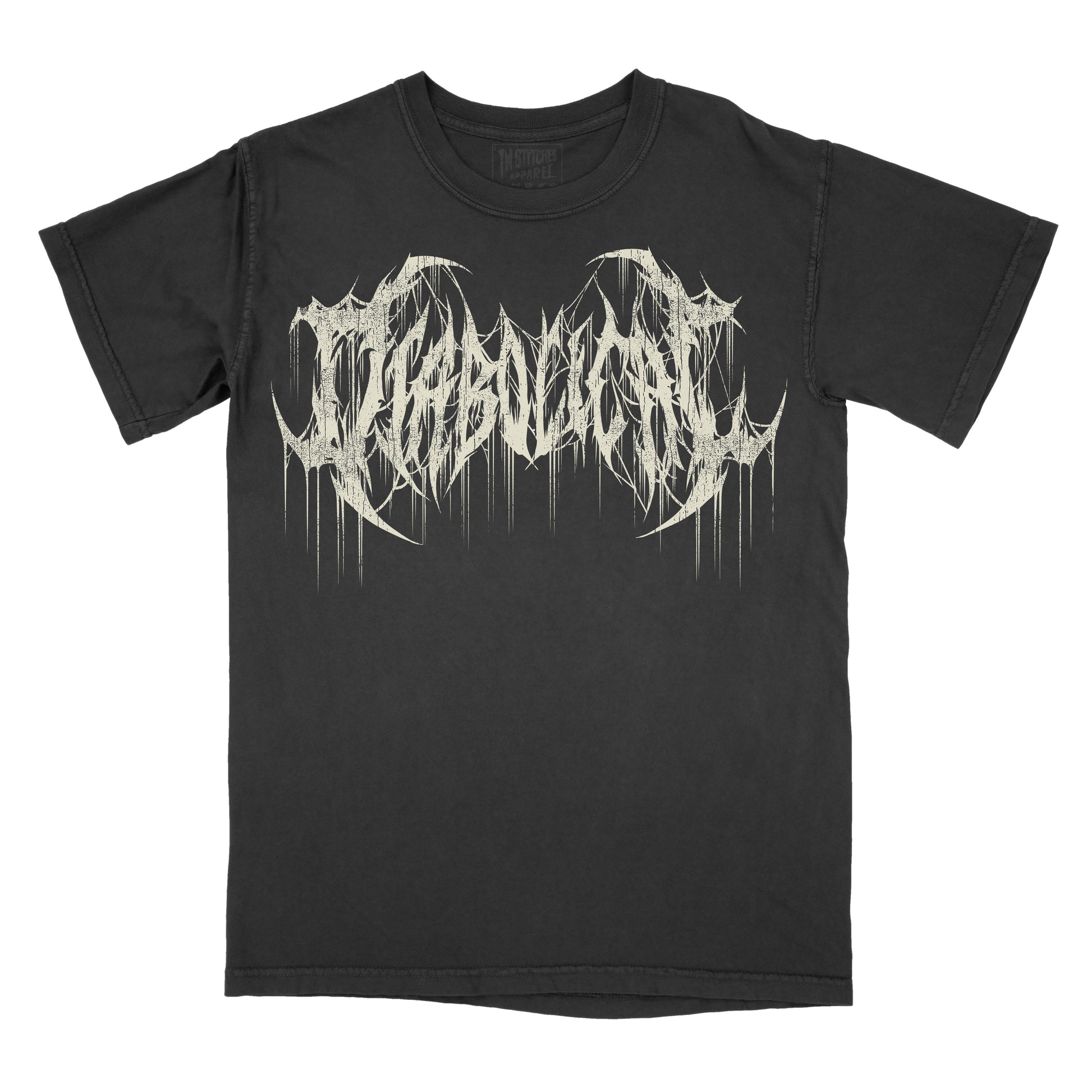 Black vintage-wash graphic T-shirt featuring the word "DIABOLICAL" in a distressed white metal-inspired font with sharp spikes, dripping details, and an extreme black metal logo aesthetic. 