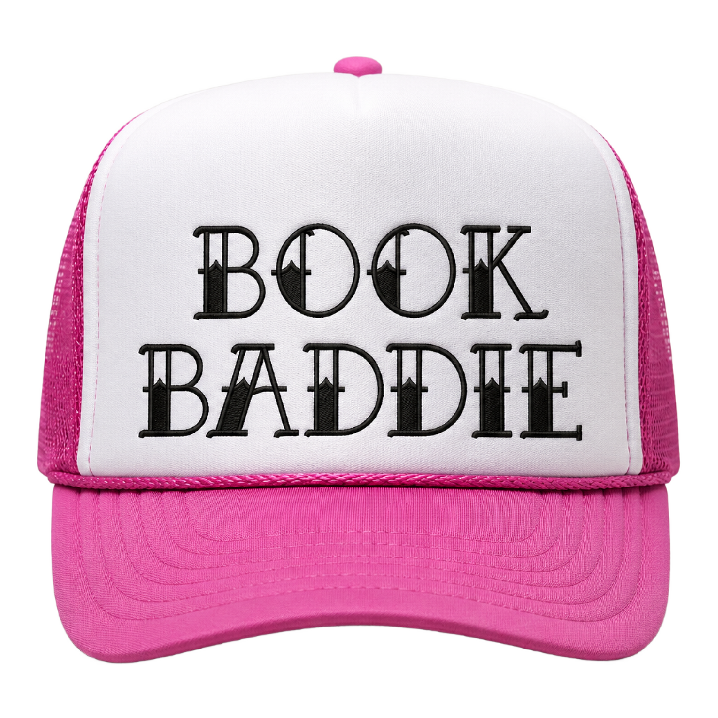 Pink and white foam trucker hat with black embroidered “Book Baddie” design, pink mesh back, pink rope detail, and curved pink bill.