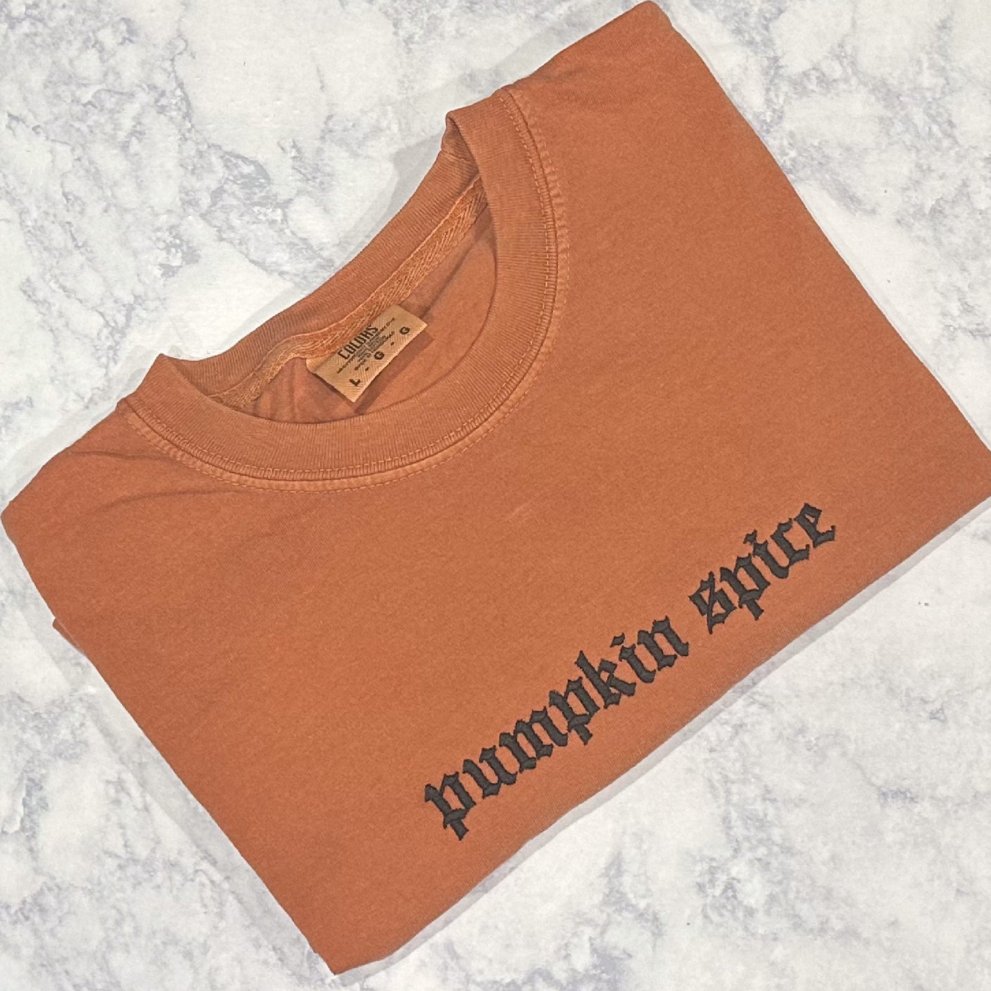 Pumpkin Spice - Comfort Colors Embroidered Tee (Black Thread)