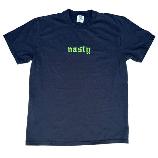 A black short-sleeve t-shirt with the word 'nasty' embroidered in a bright green gothic font across the chest, displayed flat against a white background.