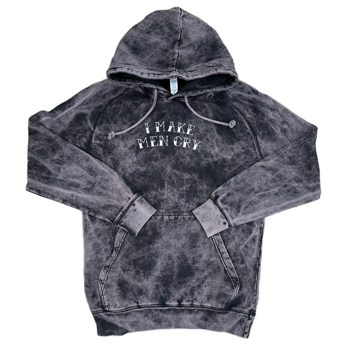 Vintage cloud black mineral-washed hoodie featuring white embroidered text across the chest that reads “I Make Men Cry,” with a front kangaroo pocket and drawstring hood.