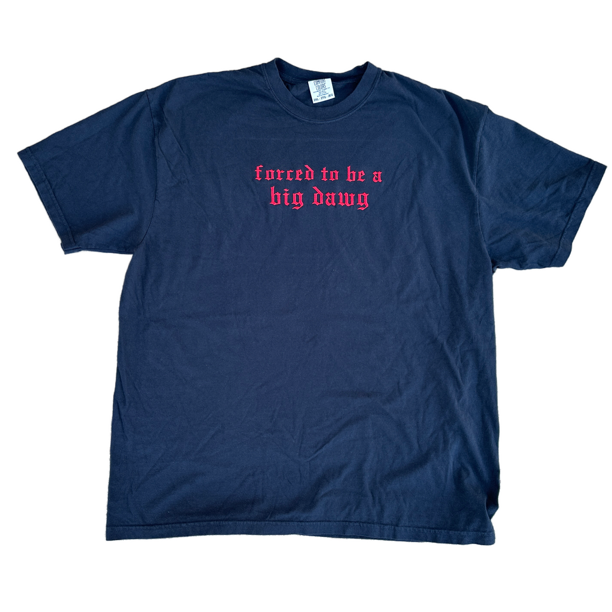 Black Comfort Colors T-shirt featuring red Old English embroidered text across the chest that reads “forced to be a big dawg,” shown flat on a white background.