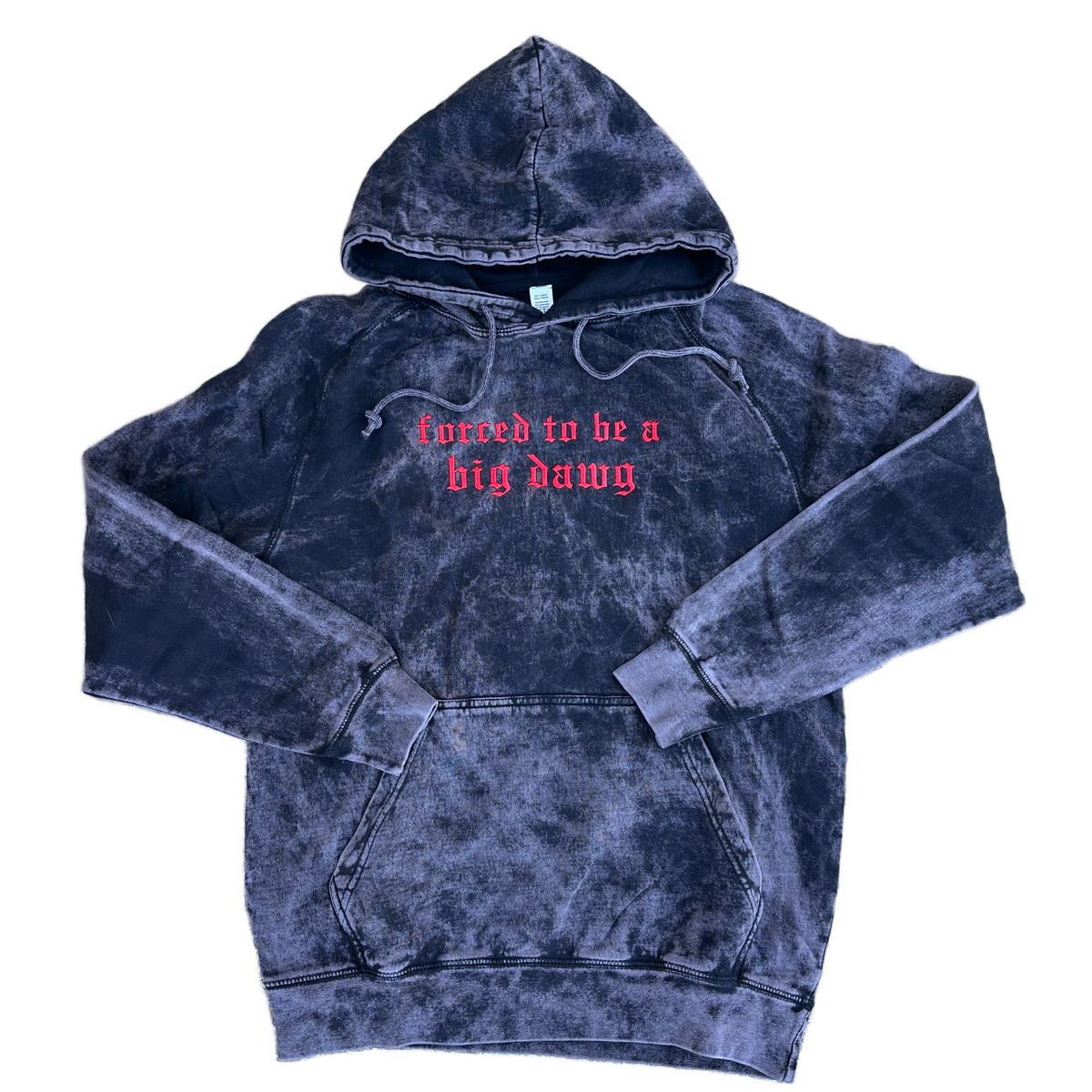 Black mineral-washed pullover hoodie featuring red Old English embroidered text across the chest reading “forced to be a big dawg,” with drawstring hood, front kangaroo pocket, and distressed vintage wash.