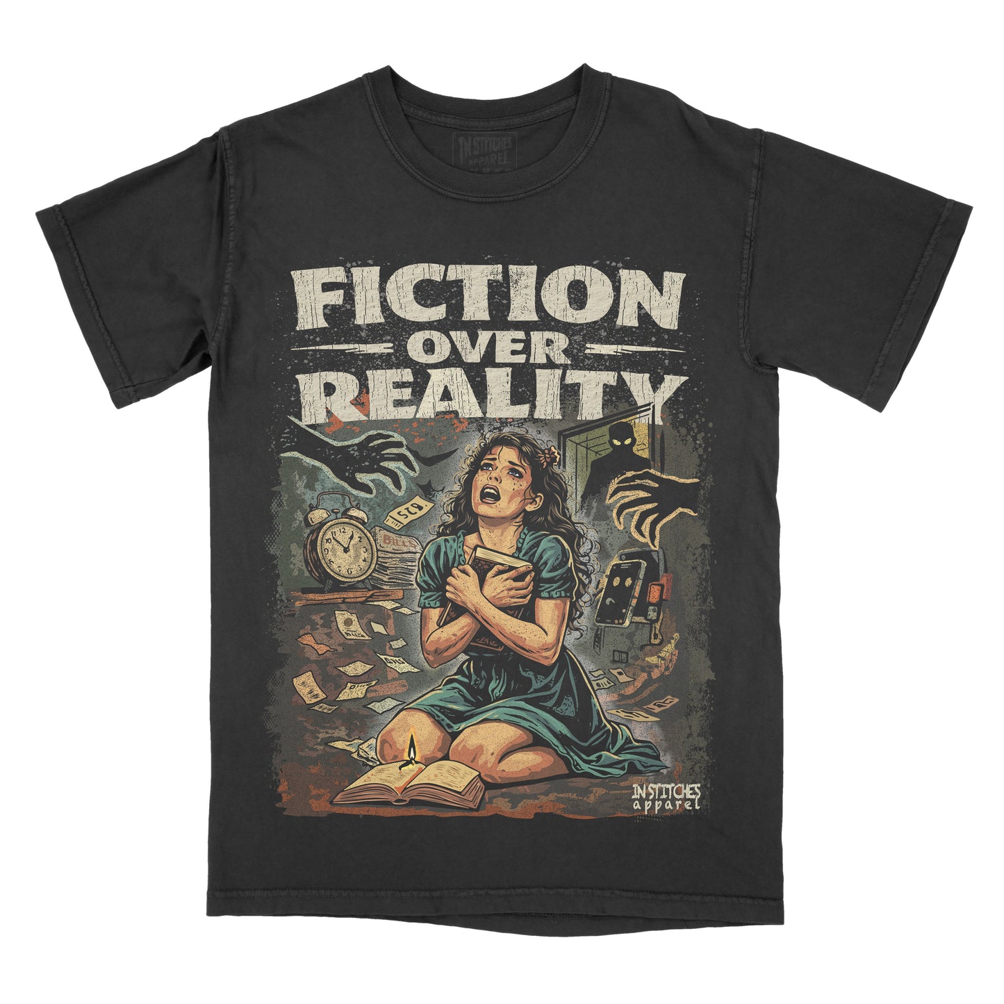 A black graphic t-shirt featuring a vintage-style illustration with the distressed text 'FICTION OVER REALITY'. The graphic depicts a woman in a teal dress sitting on the floor surrounded by books, a clock, and hands, with a small 'In Stitches Apparel' logo in the bottom right corner of the print.