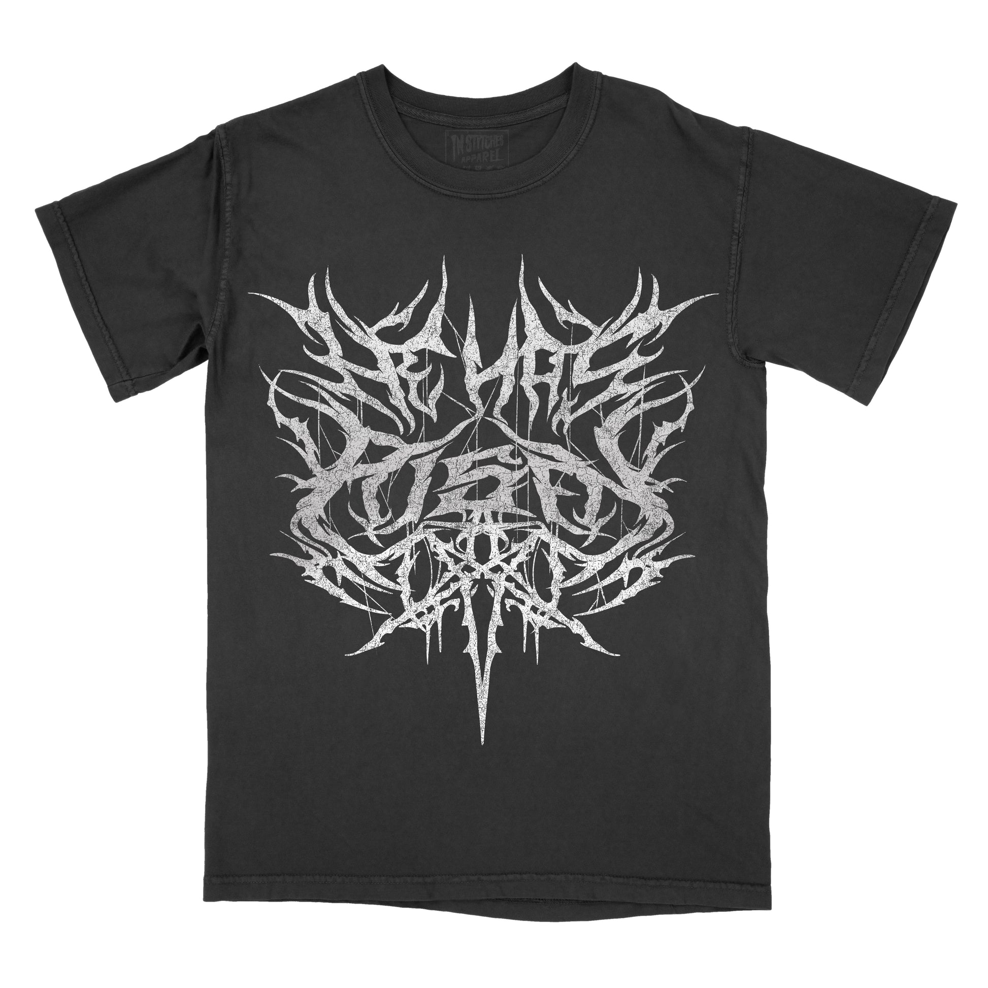 Black T-shirt featuring an intricate white symmetrical design in a black metal-inspired style with sharp spikes, branching lines, and a cross-like shape forming the phrase "He Has Risen."