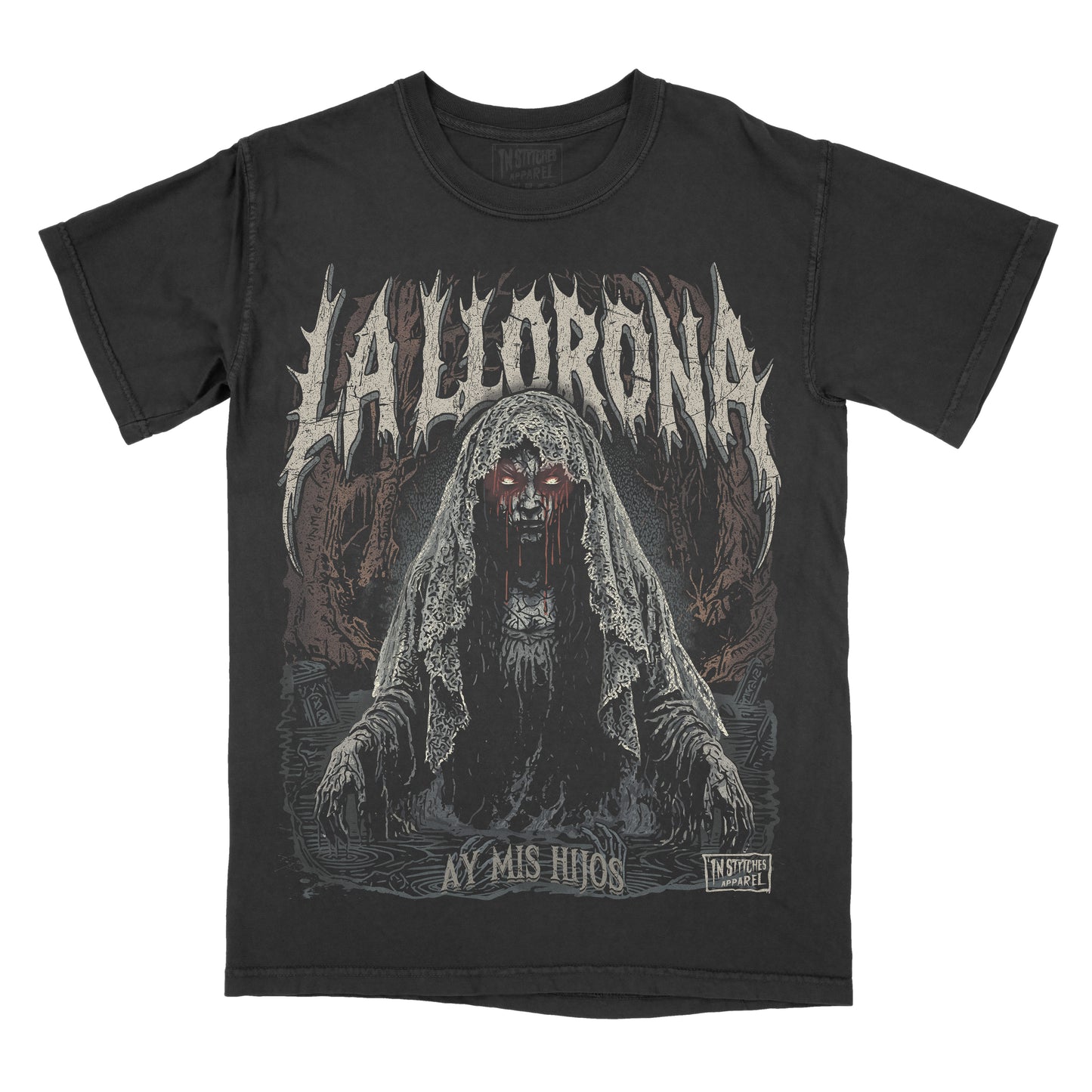 Black graphic t-shirt featuring a haunting illustration of La Llorona with glowing red eyes, lace veil, gothic typography, and dark folklore artwork.