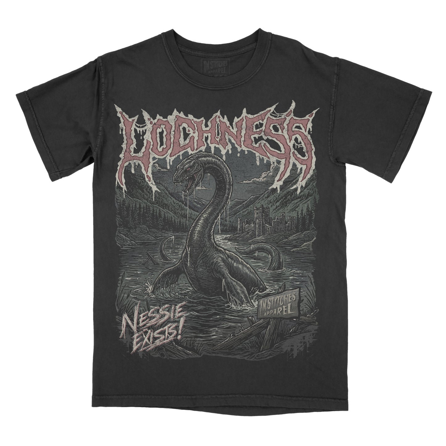 A black short-sleeve graphic t-shirt featuring a large front print of a Loch Ness serpent rising from water, with the word 'LOCHNESS' in a jagged metallic-style font across the chest and 'NESSIE EXIST!' near the lower left.