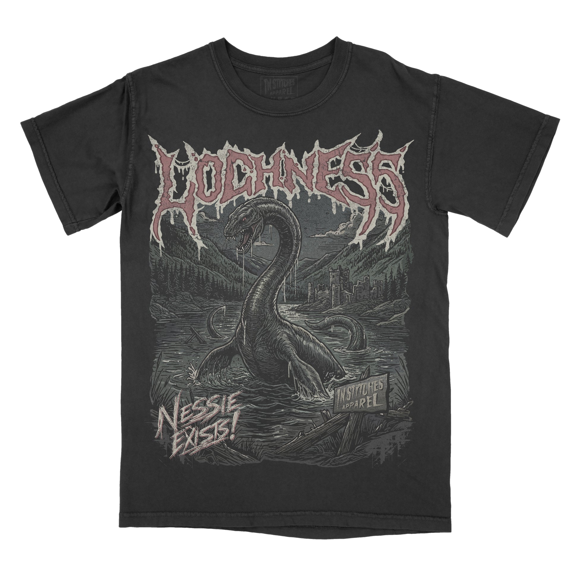 A black short-sleeve graphic t-shirt featuring a large front print of a Loch Ness serpent rising from water, with the word 'LOCHNESS' in a jagged metallic-style font across the chest and 'NESSIE EXIST!' near the lower left.