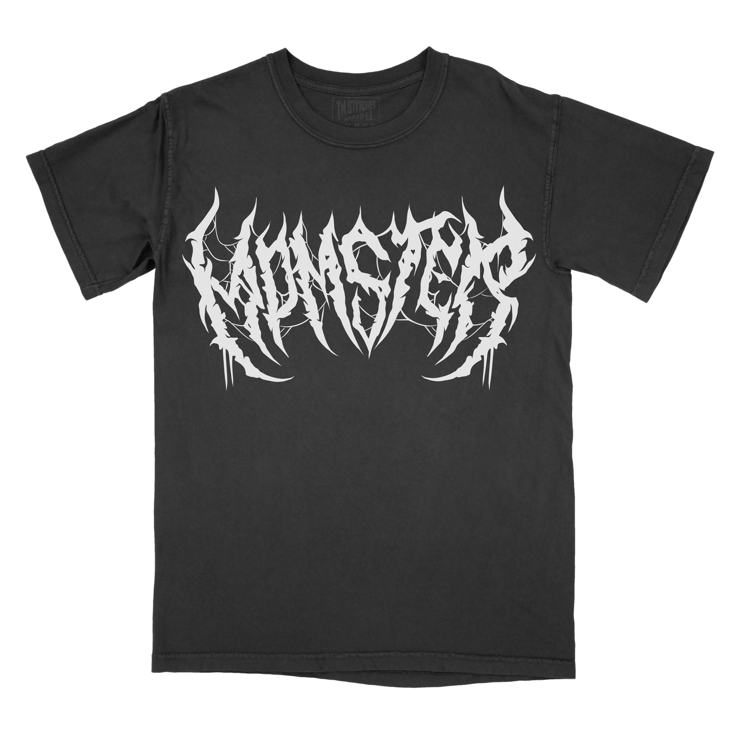 Black T-shirt featuring the word "MOMSTER" in a white heavy metal-inspired font with sharp, jagged lettering, subtle spiderweb details, and dripping accents.