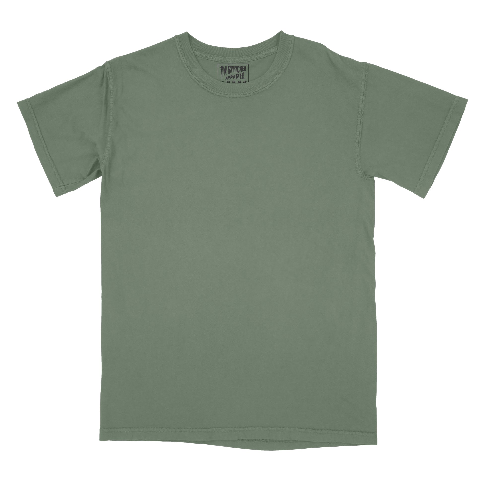 Moss garment-dyed blank t-shirt made from soft premium cotton with a relaxed fit and vintage-washed finish. Ideal for embroidery, printing, crafting, or everyday wear.