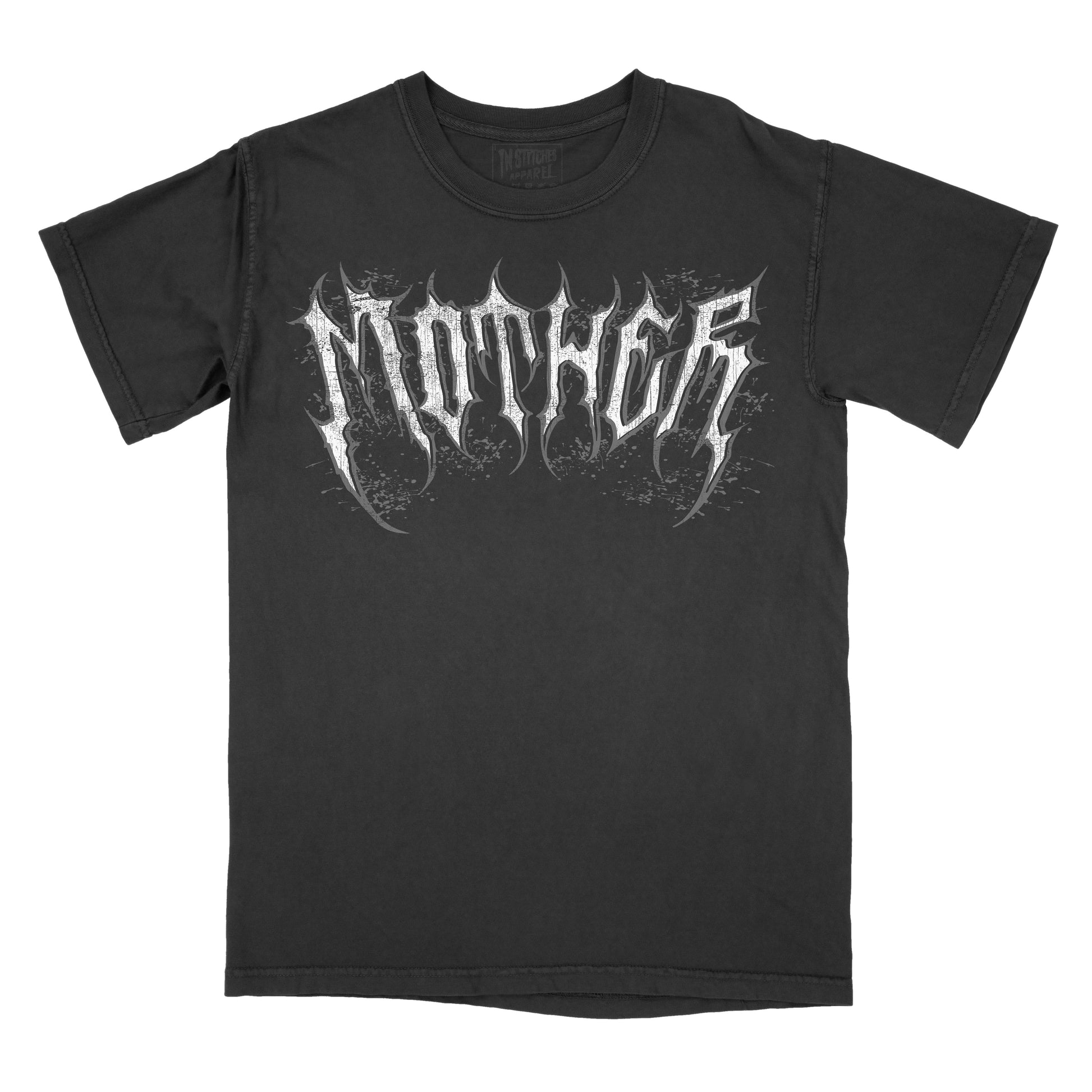 A black short-sleeve t-shirt featuring the band name 'MOTHER' in a stylized, white, gothic metal font across the chest, displayed against a solid white background.