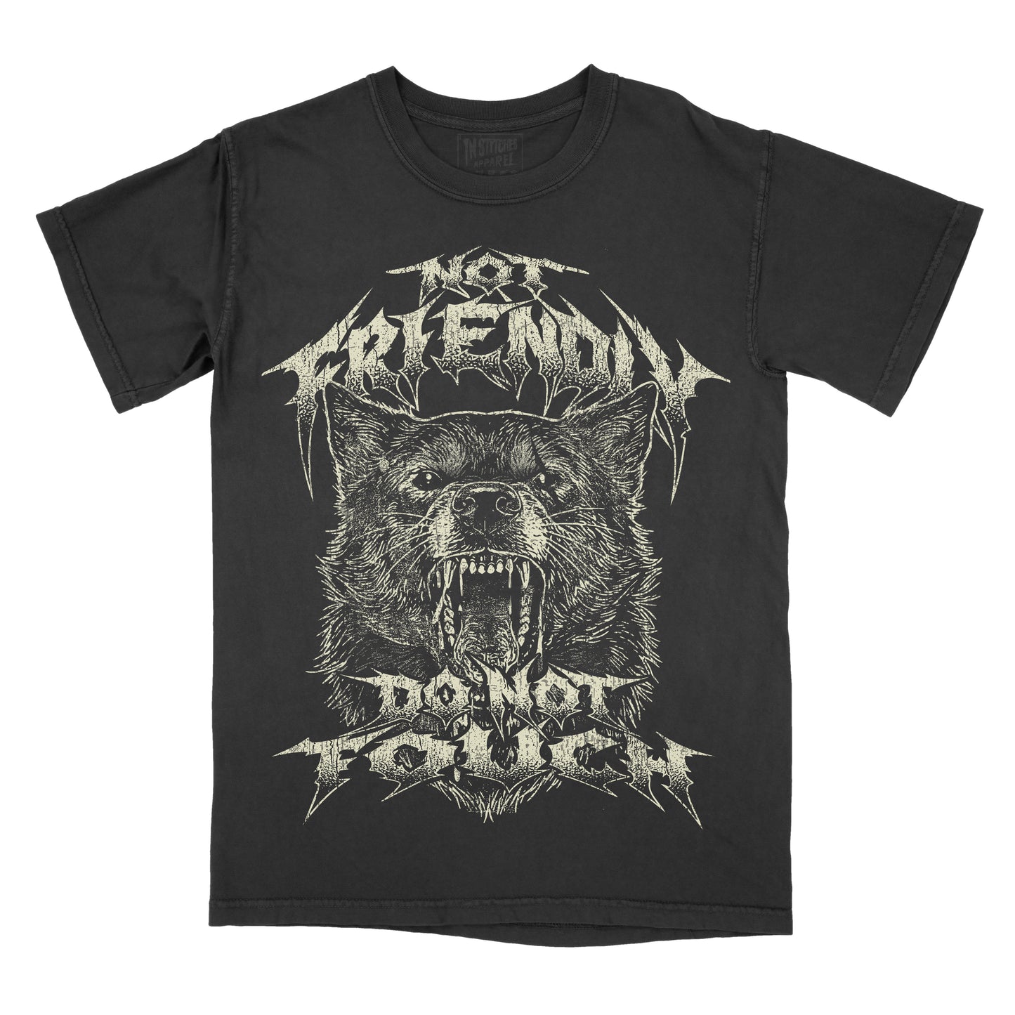 A black short-sleeve graphic t-shirt featuring a detailed white and gray illustration of a snarling wolf wearing a crown, with the text 'NOT FRIENDLY' above and 'DO NOT TOUCH' below in a jagged metal font.