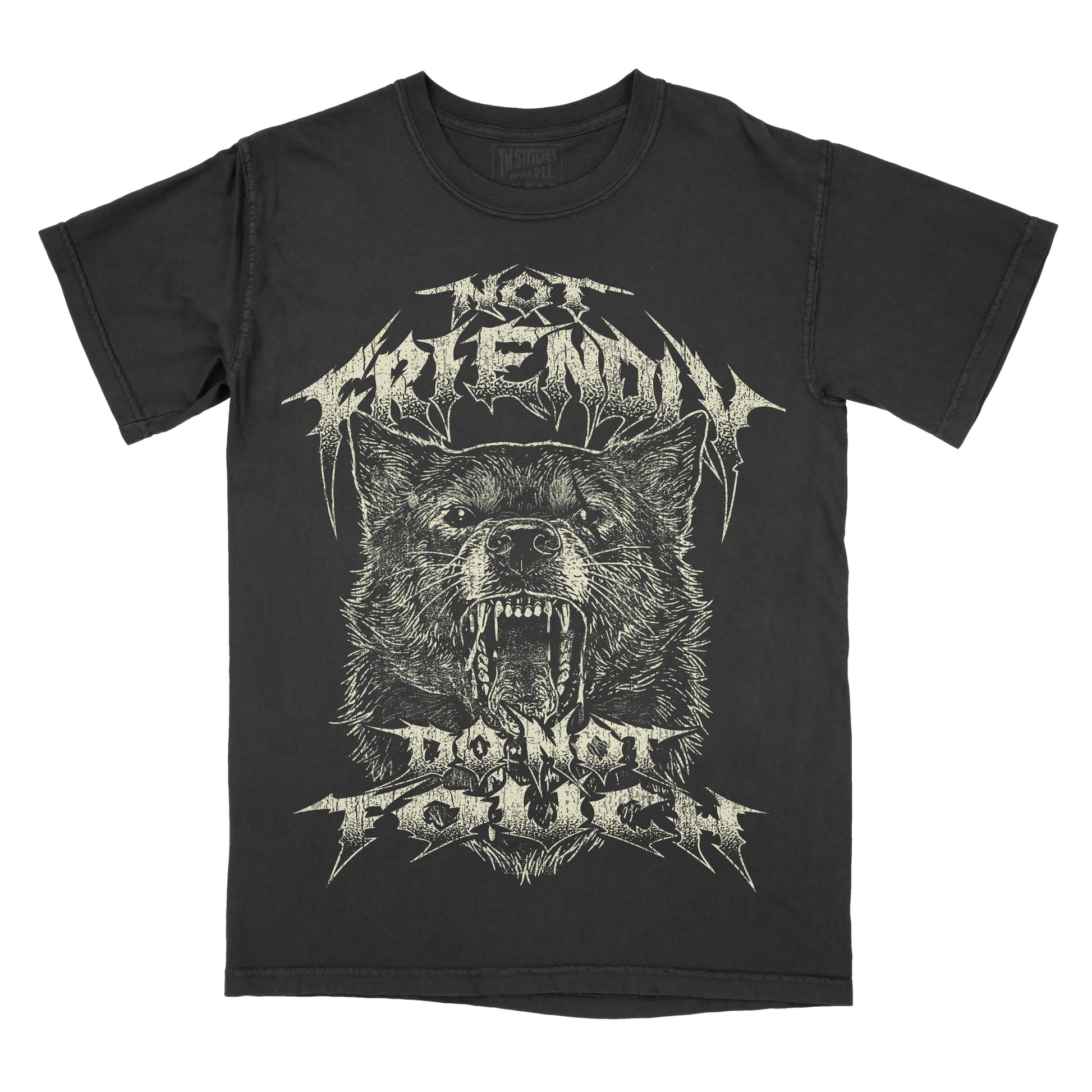 A black short-sleeve graphic t-shirt featuring a detailed white and gray illustration of a snarling wolf wearing a crown, with the text 'NOT FRIENDLY' above and 'DO NOT TOUCH' below in a jagged metal font.