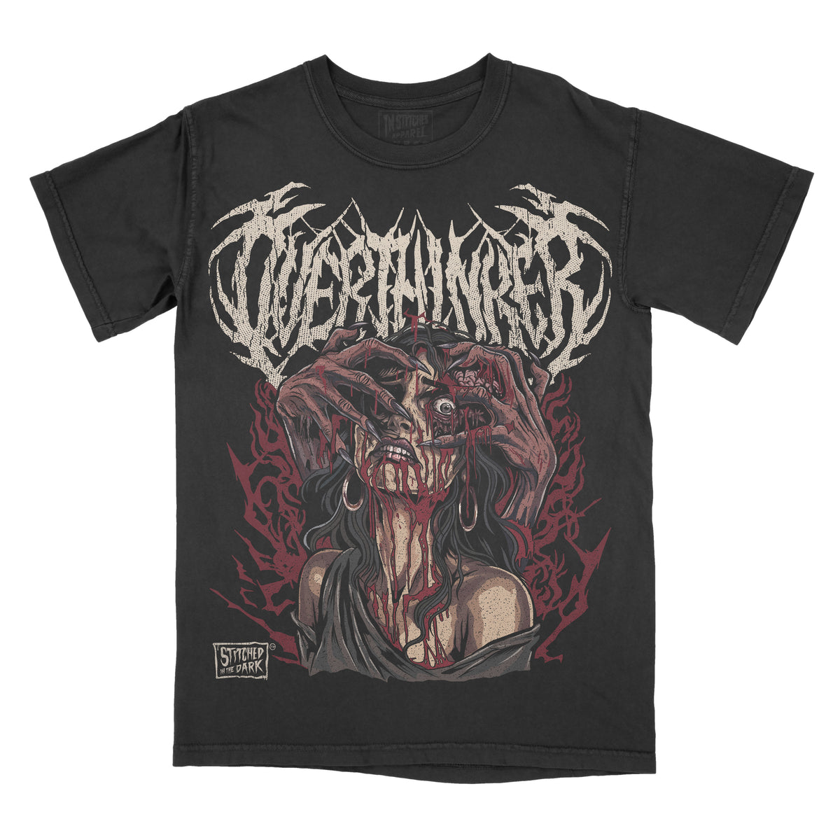 black T-shirt featuring a dark horror illustration of a monstrous woman pulling at her face, surrounded by deep red details, with distressed metal-style text reading “OVERTHINKER” and Stitched in the Dark branding.