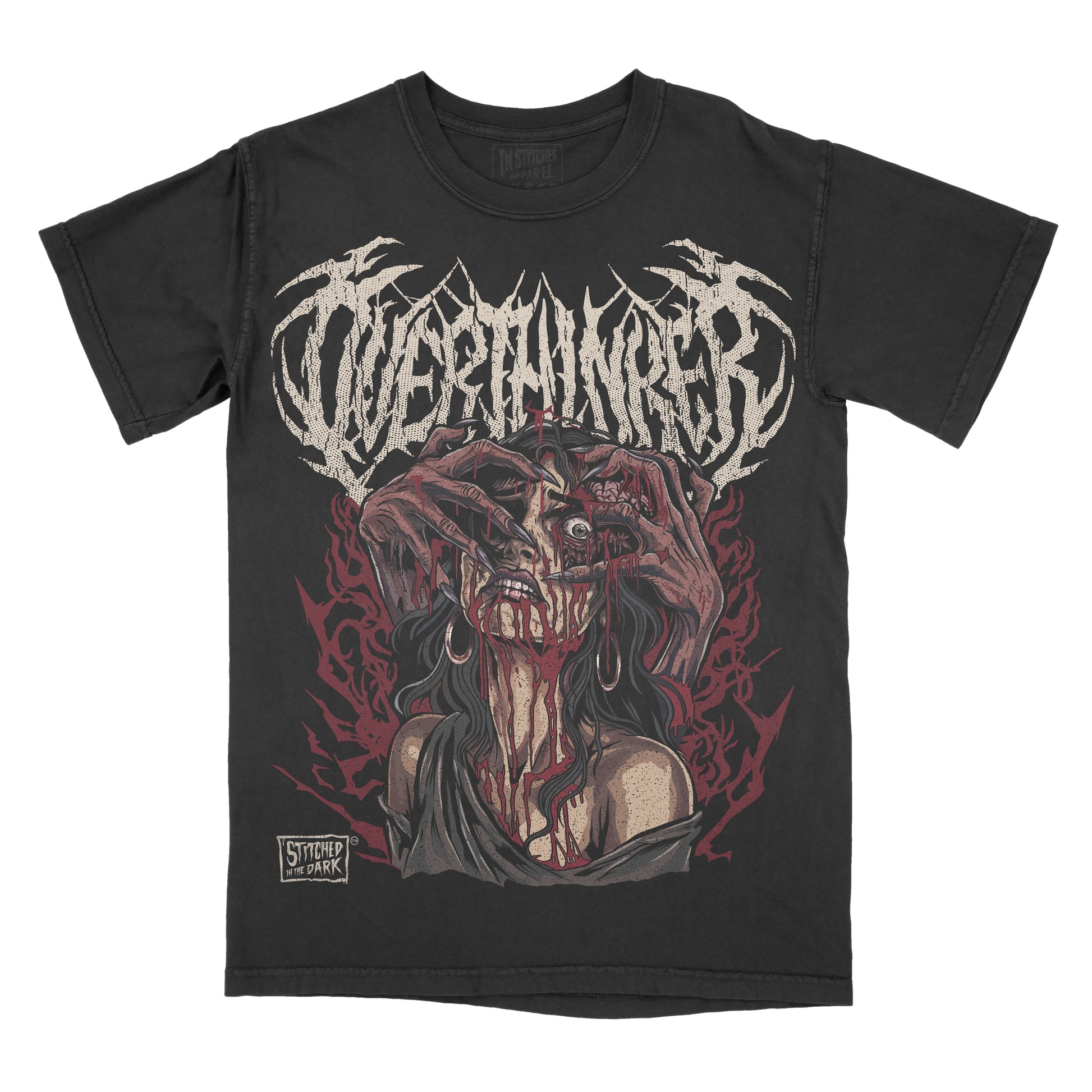 black T-shirt featuring a dark horror illustration of a monstrous woman pulling at her face, surrounded by deep red details, with distressed metal-style text reading “OVERTHINKER” and Stitched in the Dark branding.