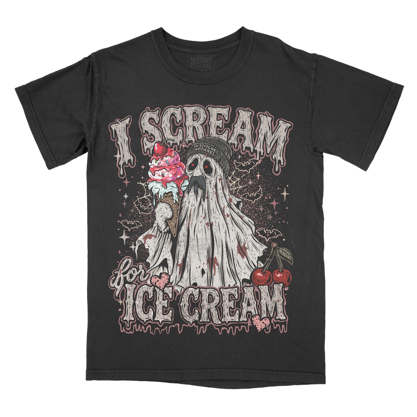 Black Comfort Colors graphic T-shirt featuring a ghost wearing a beanie holding a pink ice cream cone with the phrase "I Scream for Ice Cream," surrounded by bats, cherries, hearts, and spooky details.