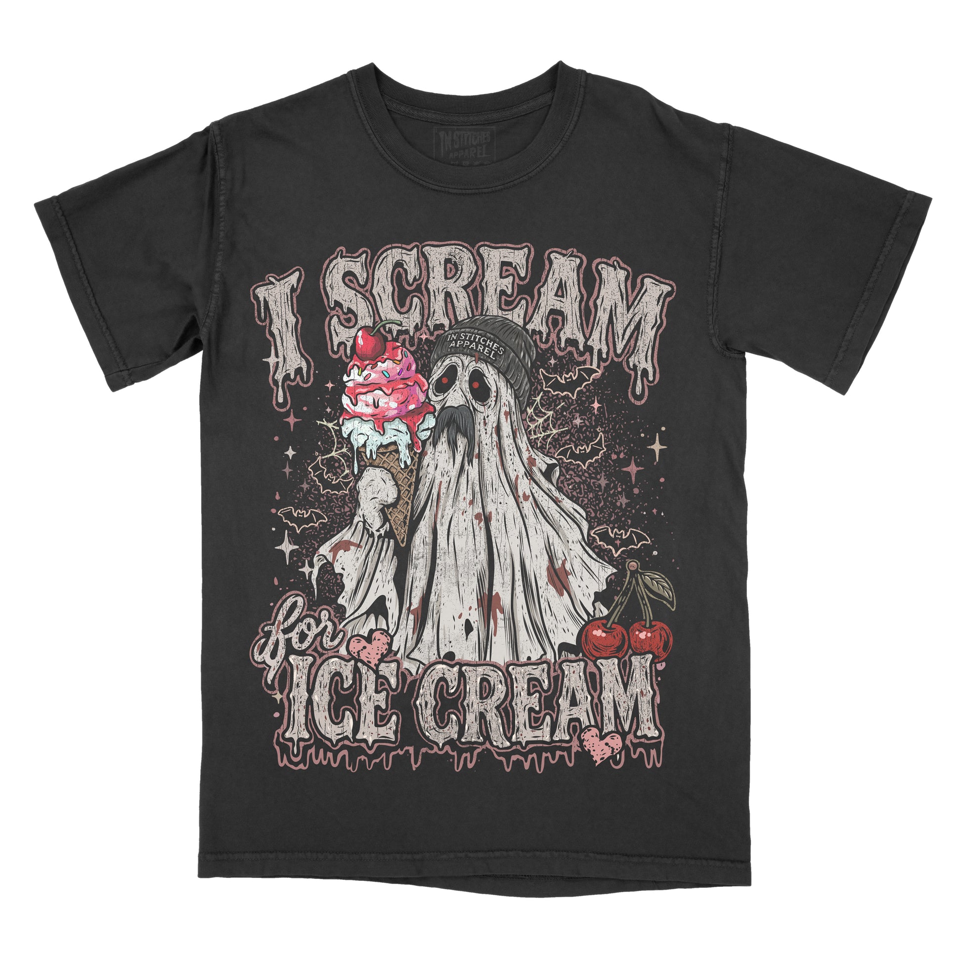 Black Comfort Colors graphic T-shirt featuring a ghost wearing a beanie holding a pink ice cream cone with the phrase "I Scream for Ice Cream," surrounded by bats, cherries, hearts, and spooky details.