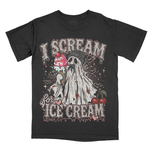Black Comfort Colors graphic T-shirt featuring a ghost wearing a beanie holding a pink ice cream cone with the phrase "I Scream for Ice Cream," surrounded by bats, cherries, hearts, and spooky details.