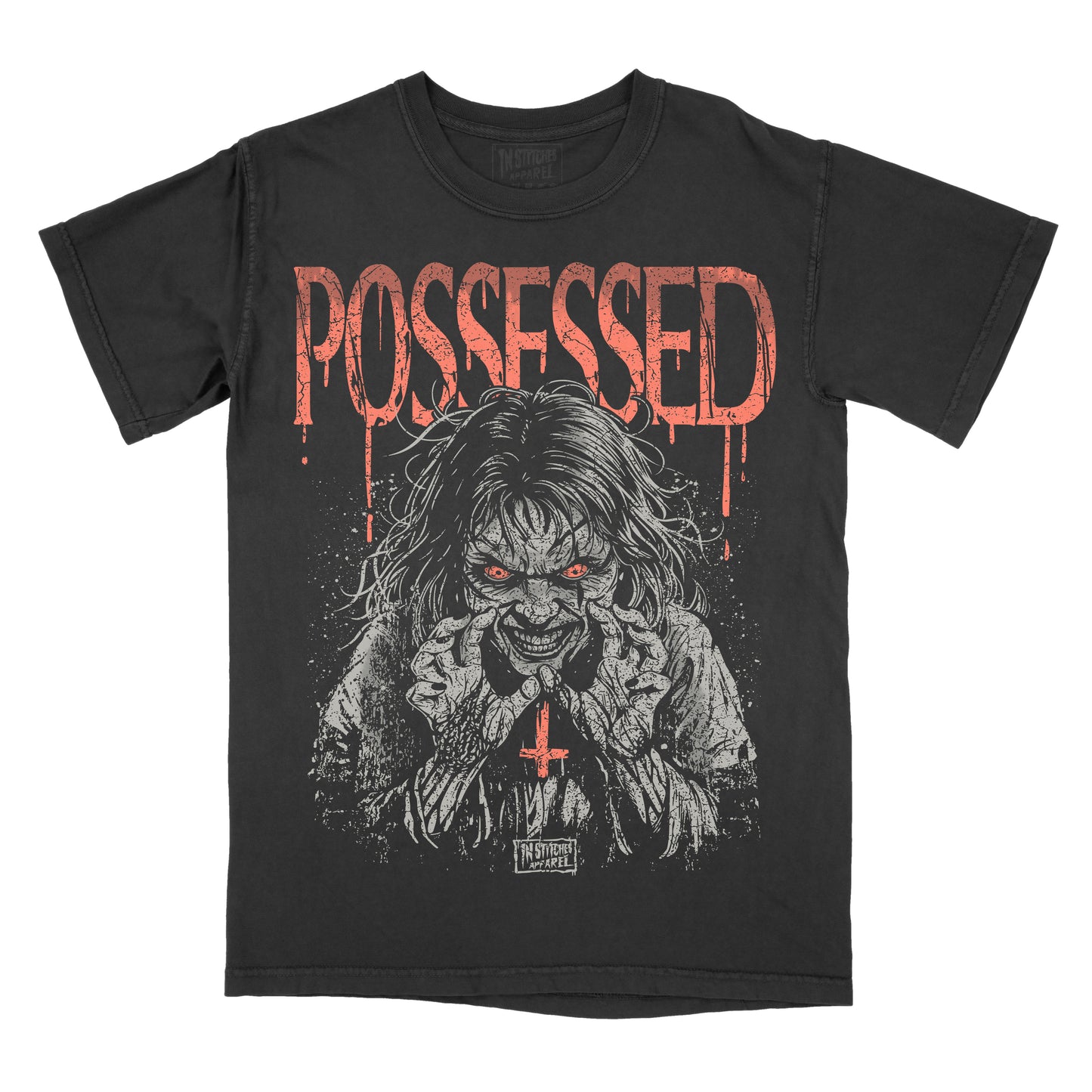 A black short-sleeve graphic t-shirt featuring a distressed red 'POSSESSED' text and a horror-themed illustration of a creepy figure with red eyes and a red cross on the chest, set against a plain white background.