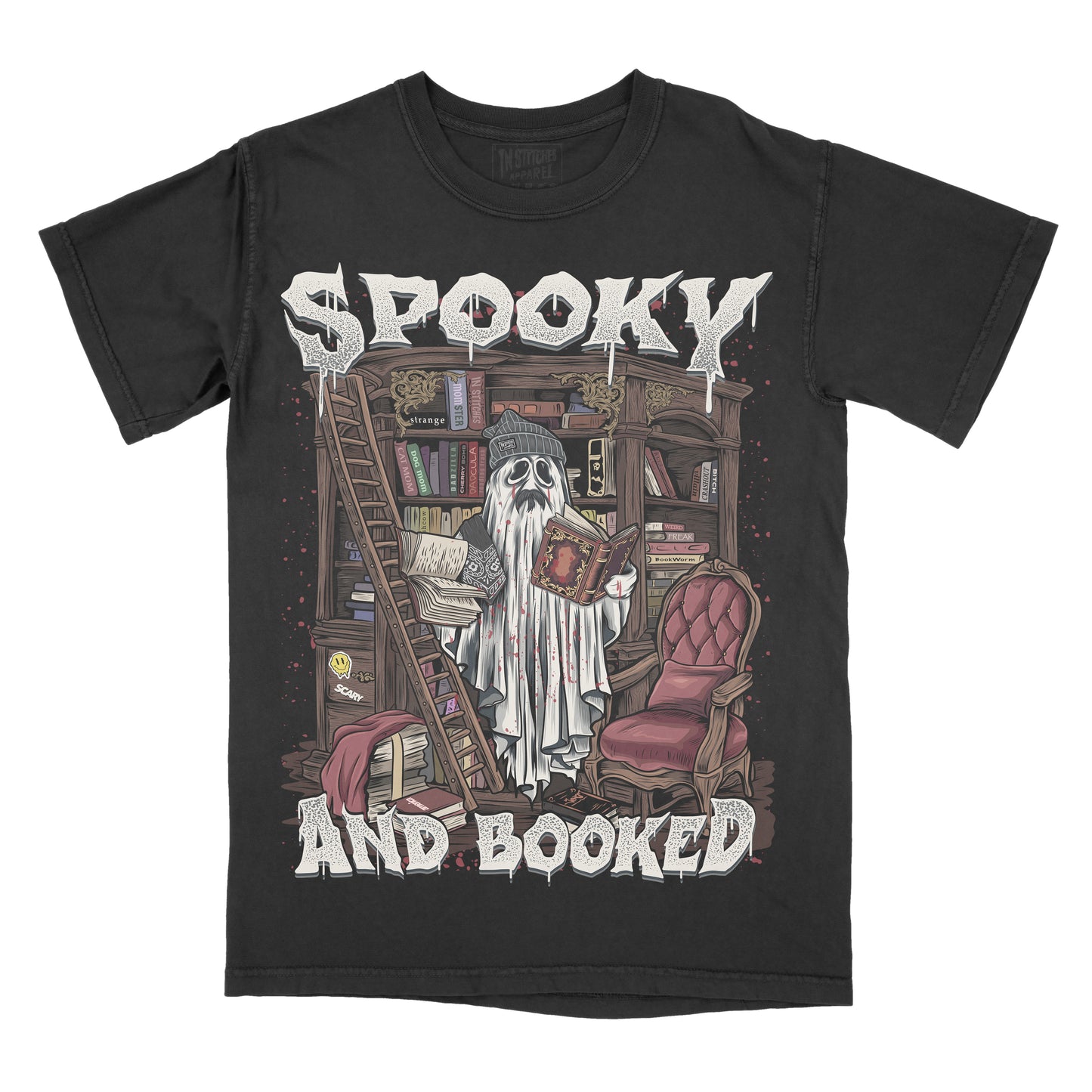 Black t-shirt with a ghost reading a book graphic and 'Spooky and Booked' text on a white background.