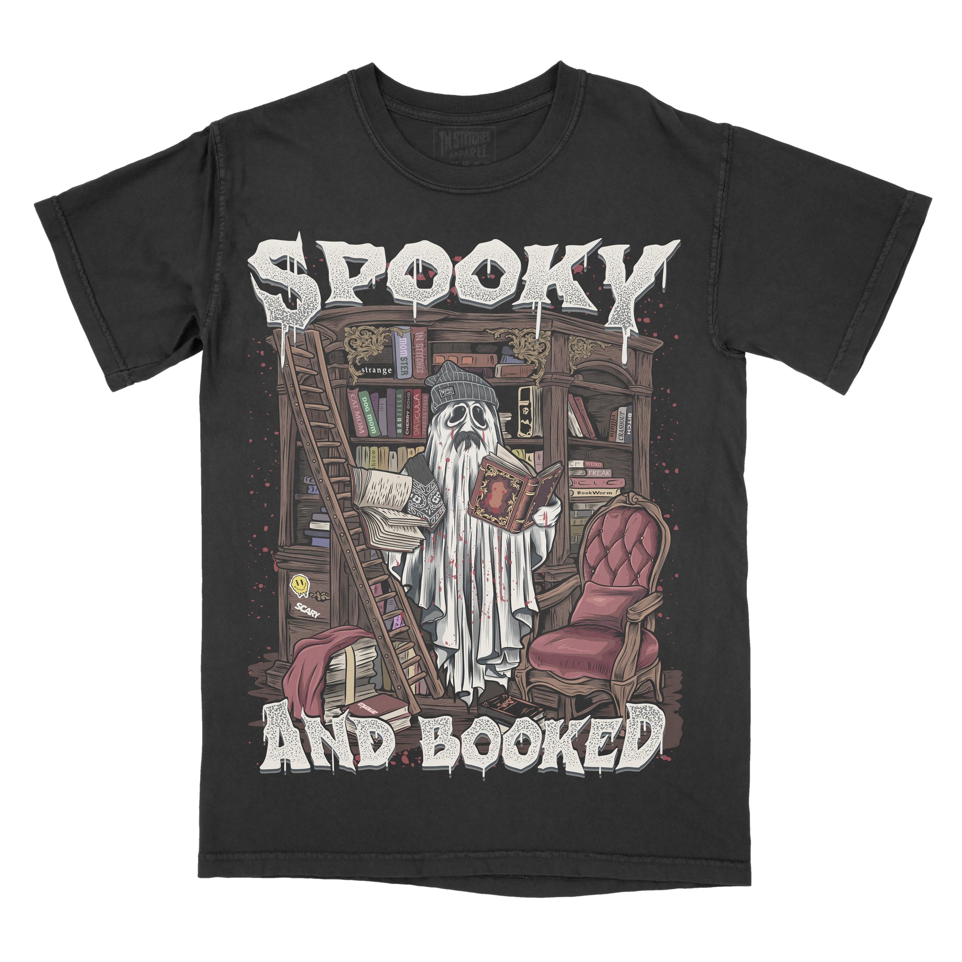 Black t-shirt with a ghost reading a book graphic and 'Spooky and Booked' text on a white background.