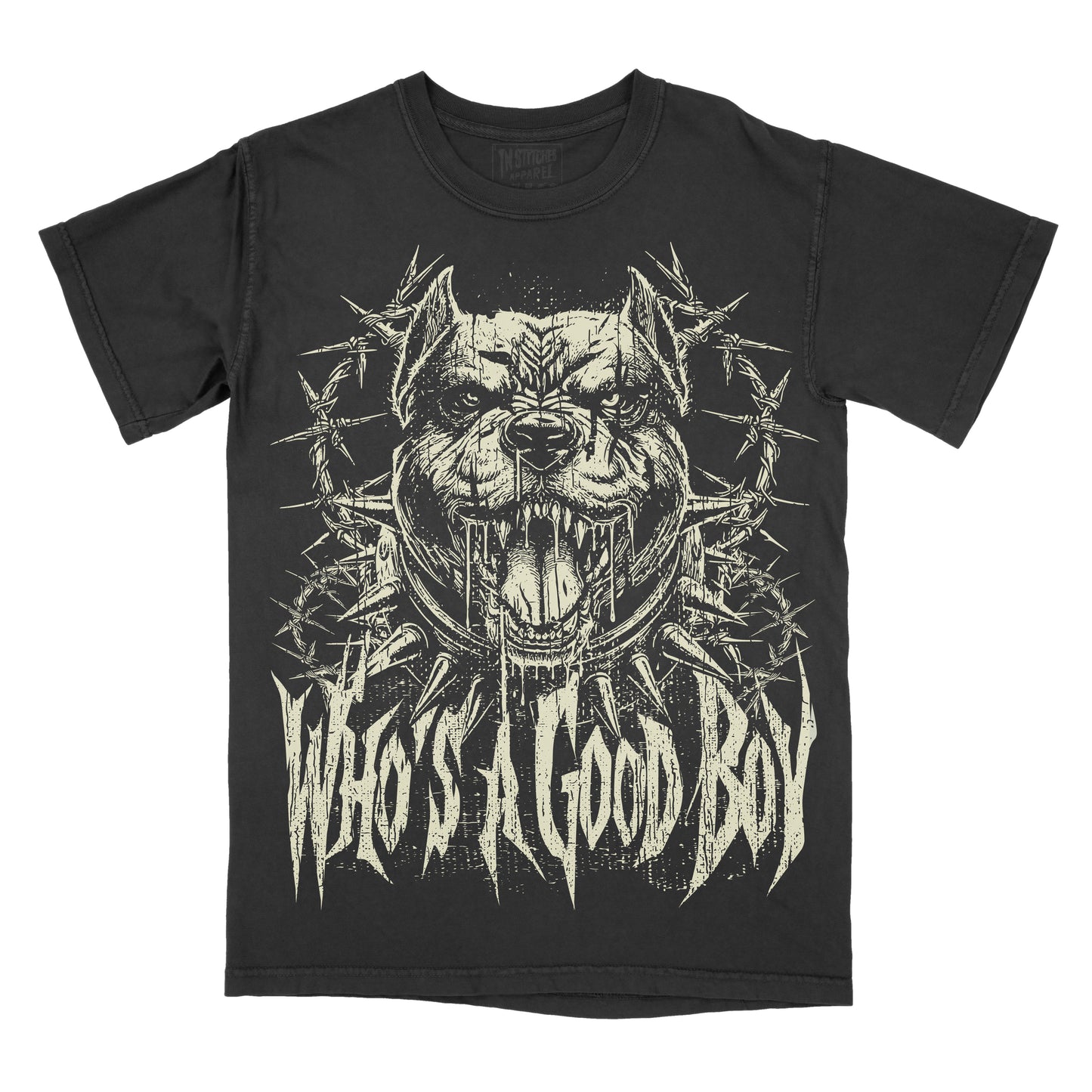A black short-sleeve graphic t-shirt featuring a distressed cream print of a snarling pit bull surrounded by barbed wire, with the text 'WHO'S A GOOD BOY' in a jagged metal-style font below.