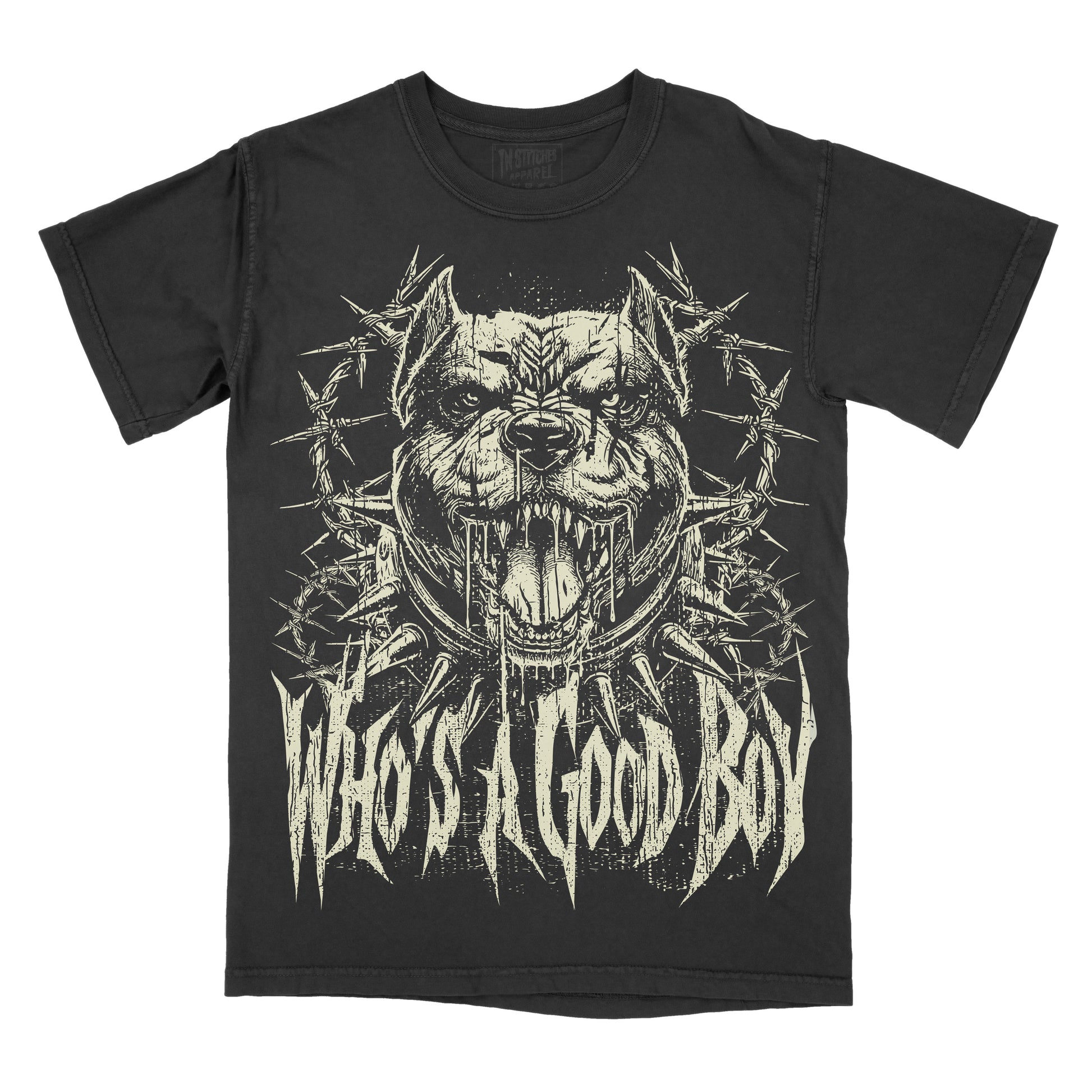 A black short-sleeve graphic t-shirt featuring a distressed cream print of a snarling pit bull surrounded by barbed wire, with the text 'WHO'S A GOOD BOY' in a jagged metal-style font below.