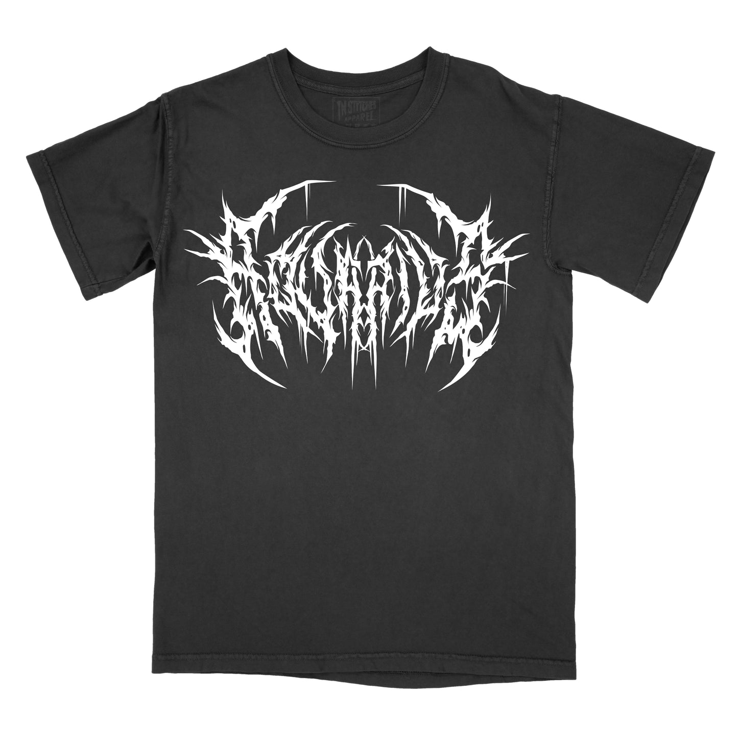 Black T-shirt with the word "aquarius" in a white, spiked heavy metal-style font centered across the chest