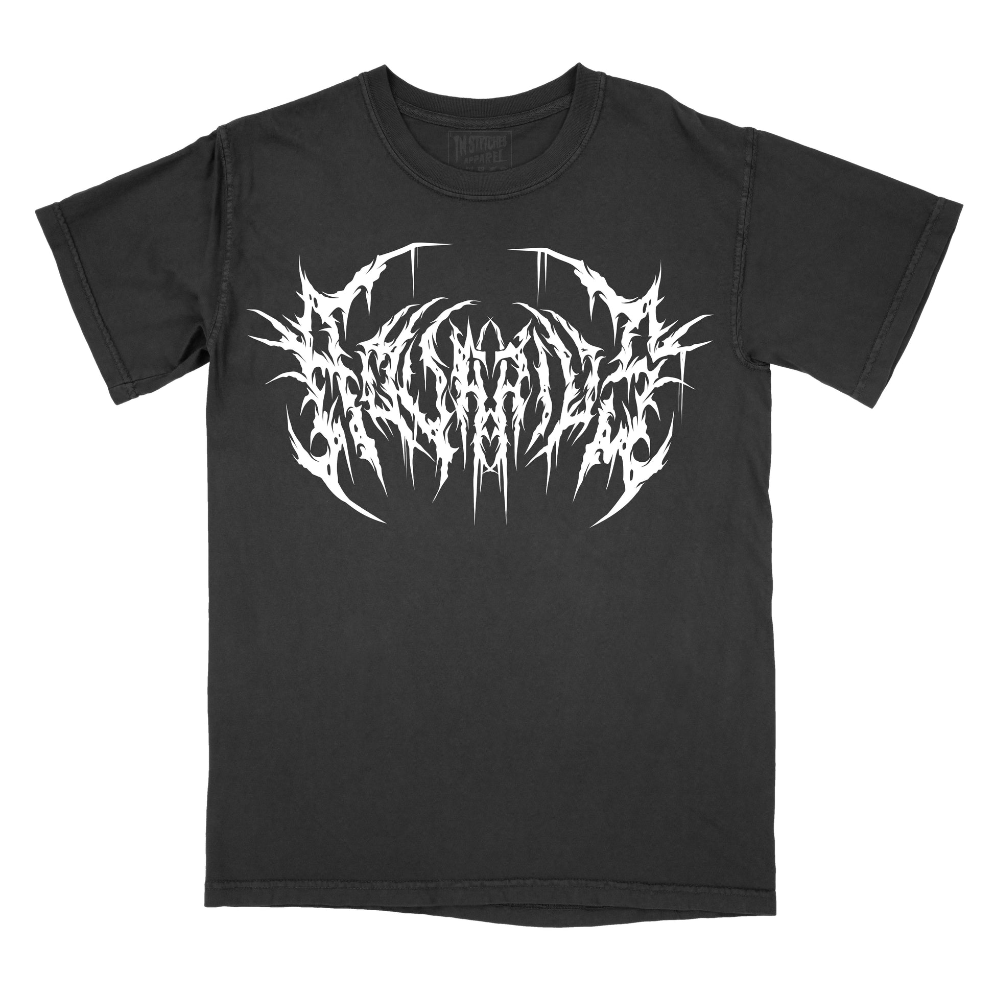 Black T-shirt with the word "aquarius" in a white, spiked heavy metal-style font centered across the chest