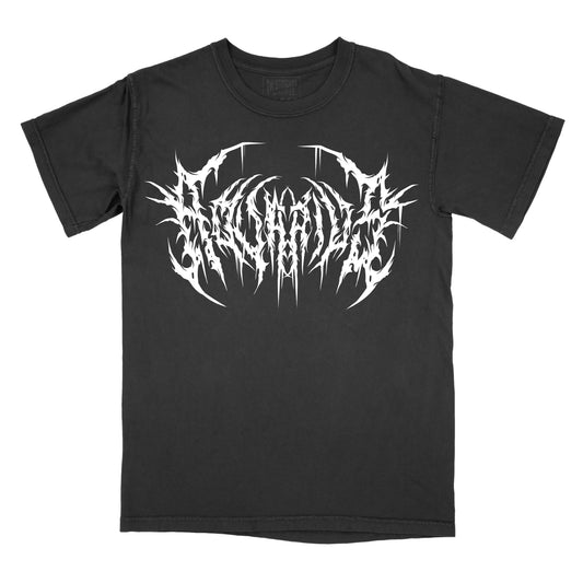 Black T-shirt with the word "aquarius" in a white, spiked heavy metal-style font centered across the chest