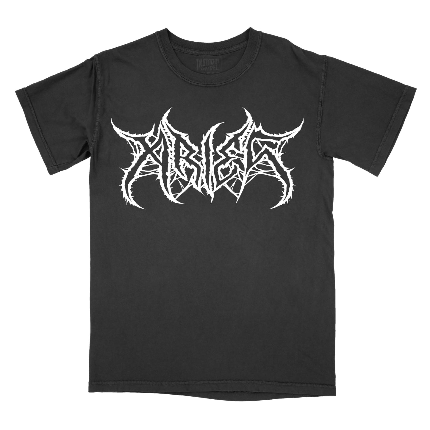 Black T-shirt with the word "Aries" in a white, spiked heavy metal-style font centered across the chest