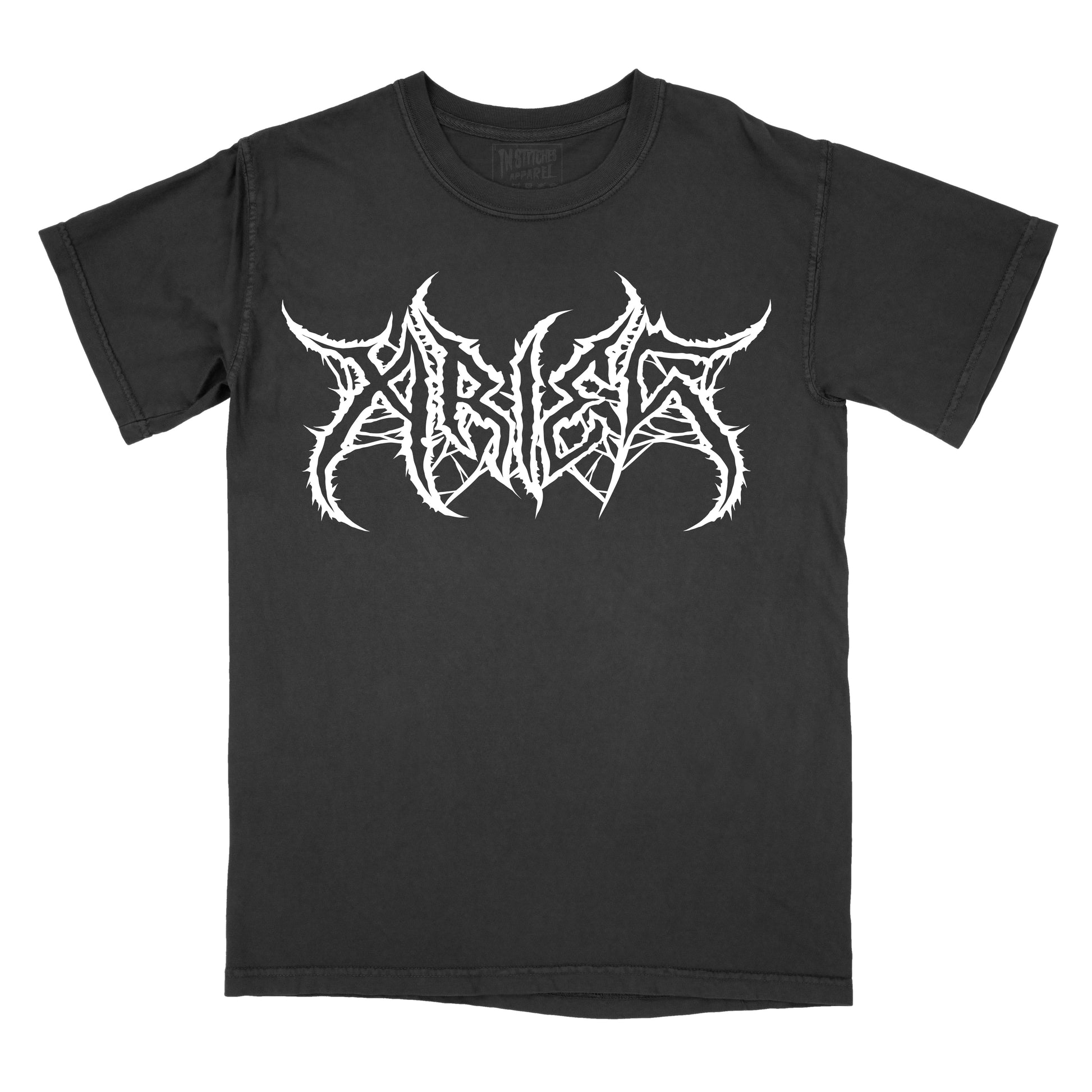 Black T-shirt with the word "Aries" in a white, spiked heavy metal-style font centered across the chest