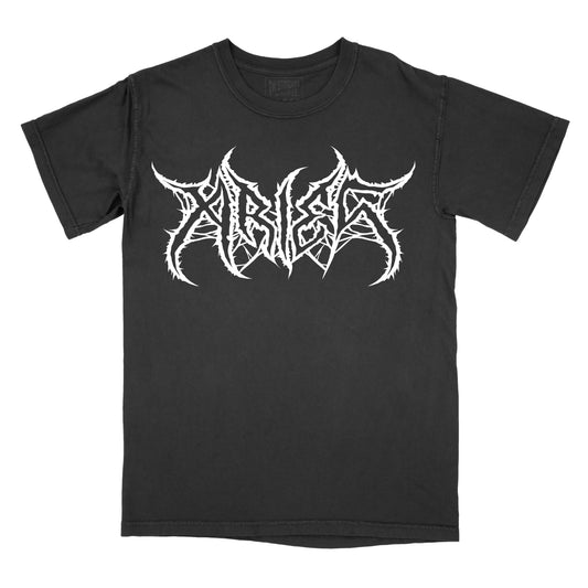 Black T-shirt with the word "Aries" in a white, spiked heavy metal-style font centered across the chest