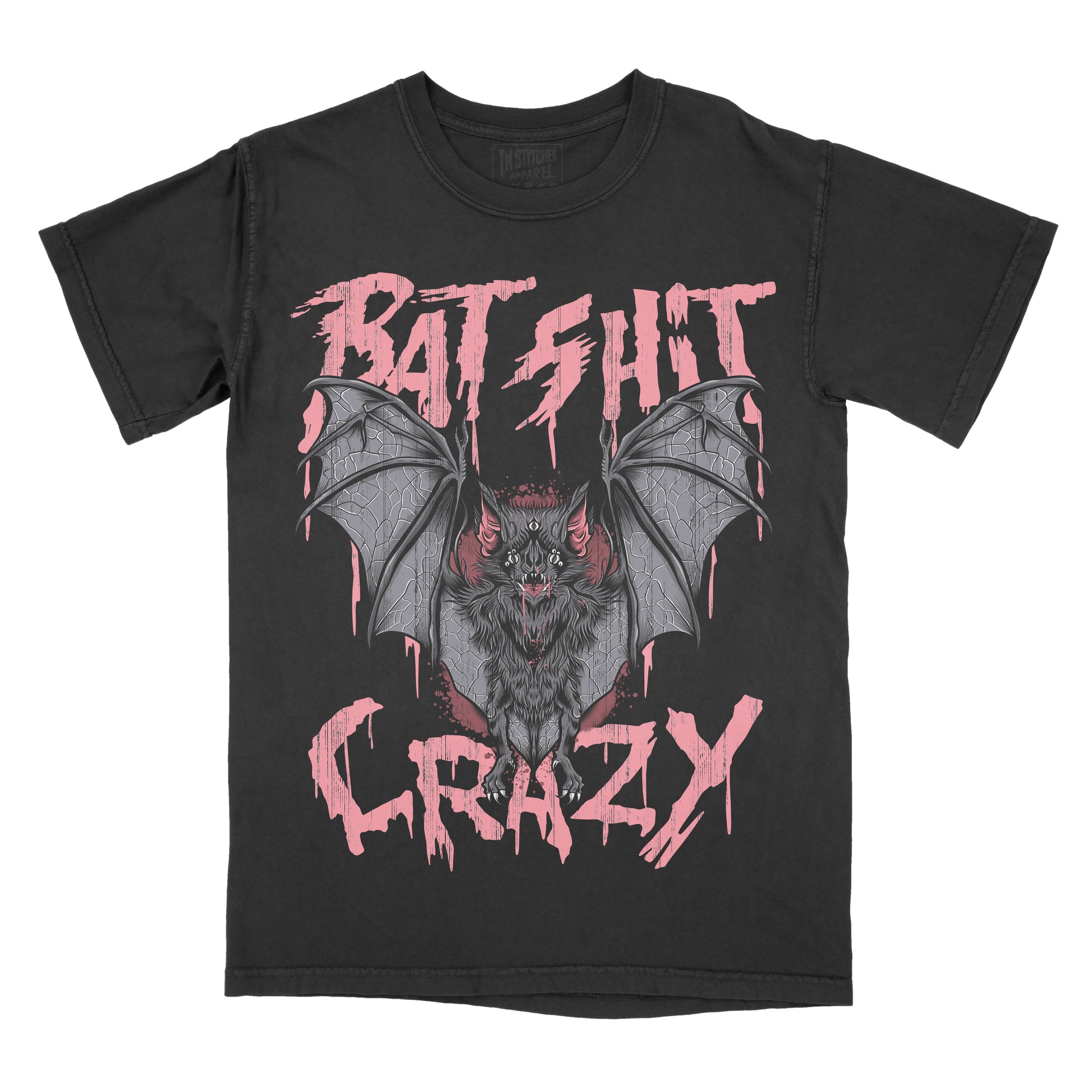 A black short-sleeve t-shirt with a graphic of a bat in the center, flanked by dripping pink text reading 'BAT SHIT' above and 'CRAZY' below, shown on a plain white background.