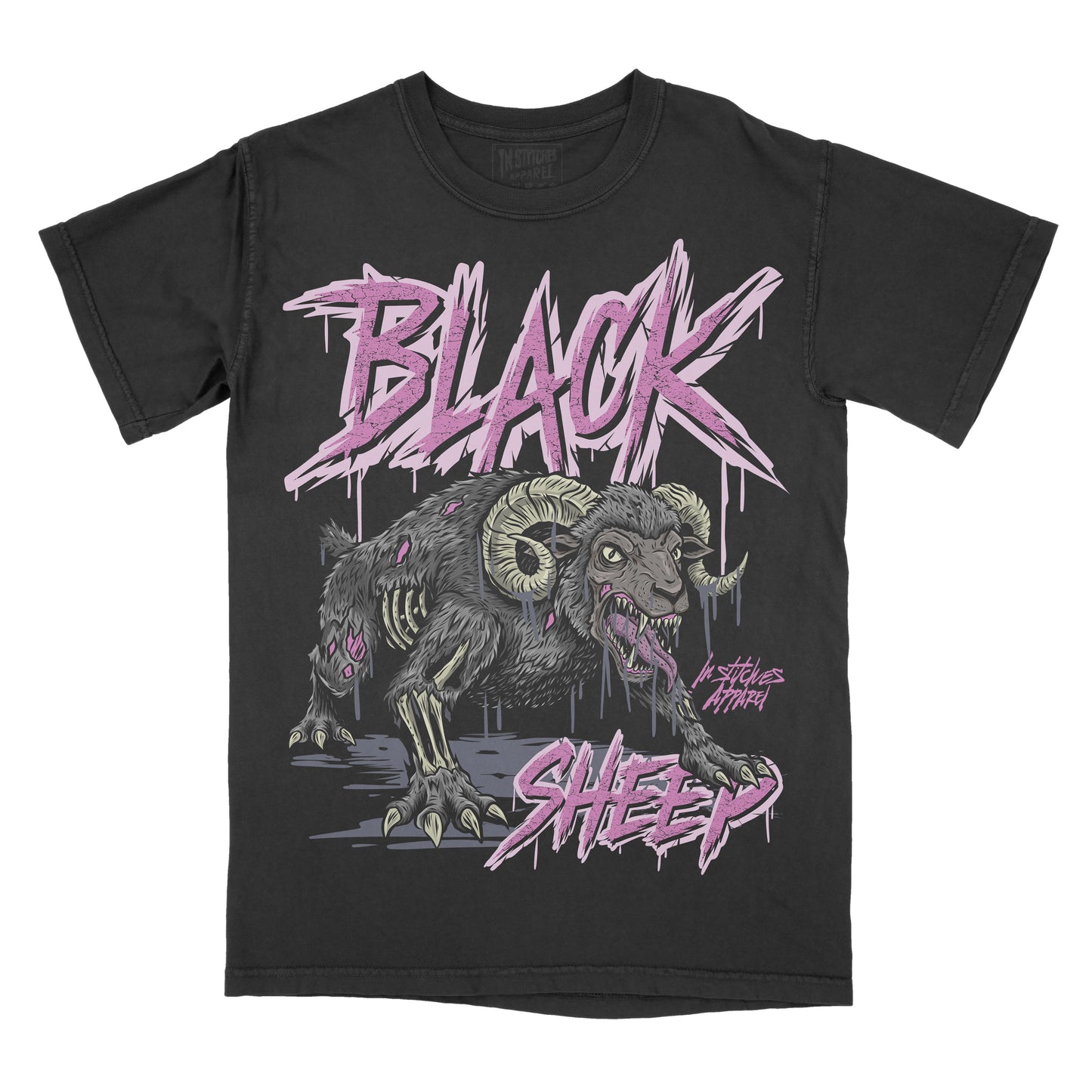 A black short-sleeve graphic t-shirt featuring a stylized ram illustration and the words 'BLACK SHEEP' in a pink dripping font, shown against a plain white background.