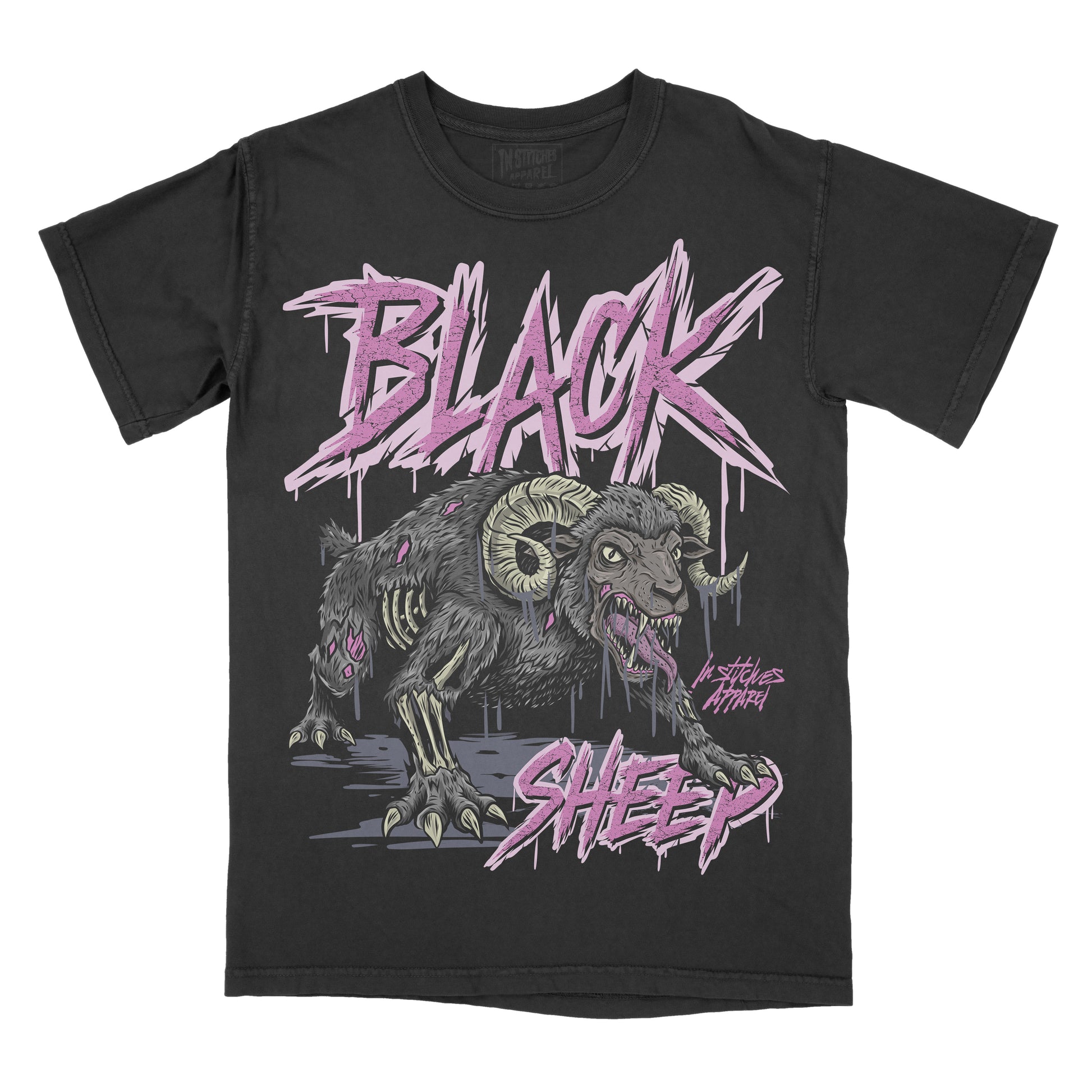 A black short-sleeve graphic t-shirt featuring a stylized ram illustration and the words 'BLACK SHEEP' in a pink dripping font, shown against a plain white background.