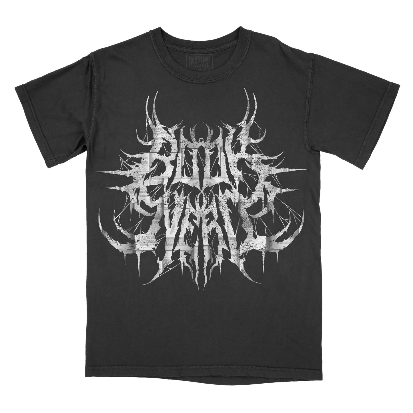 Black graphic t-shirt displaying the words "Book Nerd" in a stylized heavy metal logo with distressed white lettering and decorative thorn-inspired details.