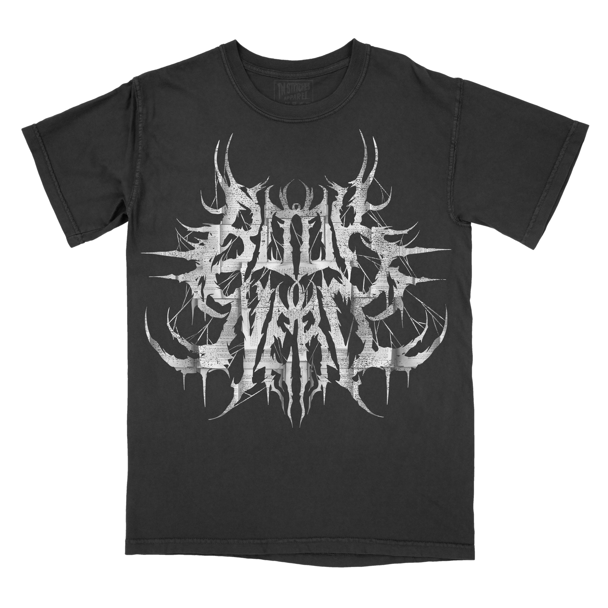 Black graphic t-shirt displaying the words "Book Nerd" in a stylized heavy metal logo with distressed white lettering and decorative thorn-inspired details.